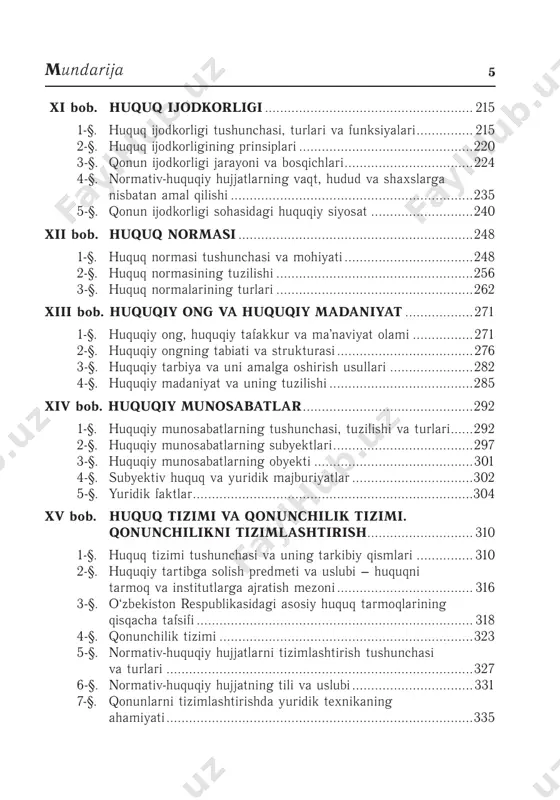 ............................................................304 xv bob. huquq tizimi va qonunchilik tizimi. qonunchilikni tizimlashtirish ............................ 310 1-§. huquq tizimi tushunchasi va uning tarkibiy qismlari ............... 310 2-§. huquqiy tartibga solish predmeti va uslubi – huquqni tarmoq va institutlarga ajratish mezoni .................................... 316 3-§. o‘zbekiston respublikasidagi asosiy huquq tarmoqlarining qisqacha tafsifi ......................................................................... 318 4-§. qonunchilik tizimi ...................................................................323 5-§. normativ-huquqiy hujjatlarni tizimlashtirish tushunchasi va turlari .................................................................................327 6-§. normativ-huquqiy hujjatning tili va uslubi ................................331 7-§. qonunlarni tizimlashtirishda yuridik texnikaning ahamiyati .................................................................................335 6 odilqoriyev x.t. davlat va huquq nazariyasi xvi bob. huquqiy tizim va huquqiy islohot ......................340 1-§. huquqiy tizim tushunchasi va mohiyati ....................................340 2-§. huquqiy tizimning tarkibiy elementlari ....................................344 3-§. huquqiy islohotlarning asosiy yo‘nalishlari ...............................349 xvii bob. huquqning harakatlanishi va uni amalga oshirish ..........................................................362 1-§. huquqning harakatlanishi va uni amalga oshirish tushunchasi hamda bosqichlari .................................................362 2-§. huquqni amalga oshirish usullari va shakllari ..........................366 3-§. huquqni qo‘llash – huquqni amalga oshirish shakli sifatida ......370 4-§. huquqni qo‘llash jarayoni …