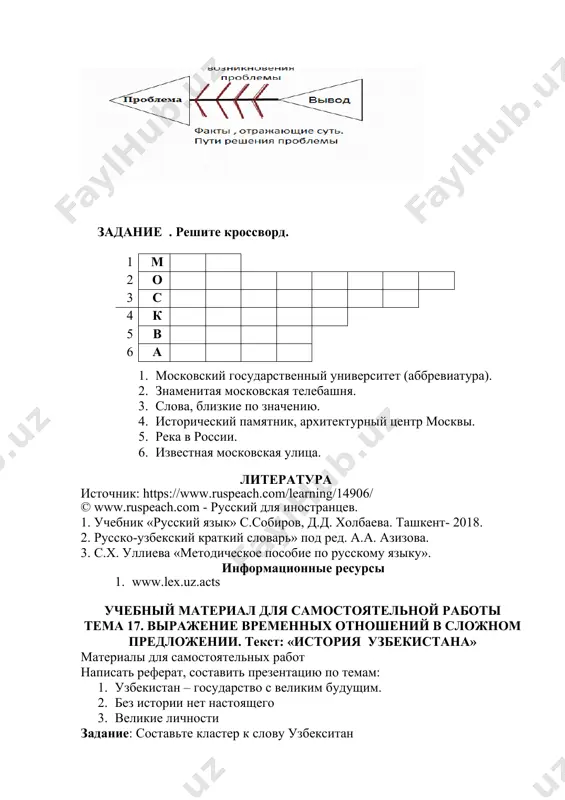 .ruspeach.com/learning/14906/ © www.ruspeach.com - русский для иностранцев. 1. учебник «русский язык» с.собиров, д.д. холбаева. ташкент- 2018. 2. русско-узбекский краткий словарь» под ред. а.а. азизова. 3. с.х. уллиева «методическое пособие по русскому языку». информационные ресурсы 1. www.lex.uz.acts учебный материал для самостоятельной работы тема 17. выражение временных отношений в сложном предложении. текст: «история узбекистана» материалы для самостоятельных работ написать реферат, составить презентацию по темам: 1. узбекистан – государство с великим будущим. 1. без истории нет настоящего 1. великие личности задание: составьте кластер к слову узбекситан узбекистан задание: 1. подберите синонимы к словам. великий – укрепить – согласие – бесценный – истоки – развитие – 2. подберите антонимы к словам. огромный – терять – жить – создавший – открытость – завершить – задание: заполните кластер на тему: “предлоги наречия времени” предлоги наречия времени учебный материал для самостоятельной работы тема 18. глаголы движения с приставками. упражнение 1. вставьте вместо точек нужные глаголы движения: идти, …