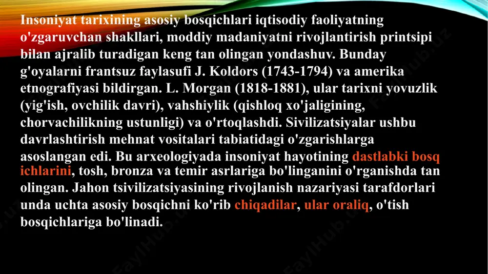 ya, islomiy, nasroniy o'rta asrlardagi evropa va boshqalar) tarixiy davrlarni bir necha asrlardan ming yilliklarga qadar o'zgarib turadigan mavjudligi davomiyligi bo'yicha o'lchaydilar, deb ta'kidladi a. toynbi. jahon tarixida noyob xususiyatlarga ega bo'lgan 13 ta mustaqil sivilizatsiya o'rnini bosdi (qolganlarini ularning shoxlari deb bildi). marksistik, shakllantiruvchi, nazariya insoniyat tarixining beshta asosiy davrlarini ajratib ko'rsatdi. ushbu davrlarning har biri avvalgisiga qaraganda ancha progressiv deb hisoblangan. ibtidoiy jamoa tuzumi davri ishlab chiqarish kuchlarining rivojlanish darajasi juda past bo'lganligi bilan ajralib turar edi, bunda xususiy mulk hali mavjud bo'lmagan, odamlar tabiatga to'liq bog'liq bo'lgan va faqat birgalikdagi, jamoaviy mehnat va iste'mol sharoitida yashashlari mumkin edi. quldorlik shakllanishiga o'tish vositalari yaxshilanishi, ortiqcha mahsulot ishlab chiqarish imkoniyatining paydo bo'lishi va uni yakka o'zi tasarruf etish, xususiy mulkning paydo bo'lishi bilan bog'liq. bundan tashqari, egasi - qul egasi nafaqat er va mehnat vositalariga, balki "gapirish vositasi" deb hisoblangan ishchilarning qullariga ham egalik qilgan. feodallar jamiyati ishchilarning yer …