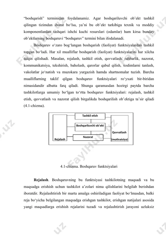 hki muhit ta’sirlarini, boshqarish jarayonida e’tiborga olish imkoniyatini beradi. tashkil etish boshqaruv tizimini, yaratish va bundagi har bir elementining qo‘yilgan maqsadiga erishish uchun boshqa elementlar bilan o‘zaro munosabat va bog‘liqliklarini belgilashdan iboratdir. quvvatlash (motivatsiya). rahbar har doim esda saqlashi kerakki, har qanday yaxshi rejaning va har qanday yaxshi yo‘lga qo‘yilgan ishning biron bir qismi to‘liq amalga oshirilmasa kutilgan natijalarni bermaydi. quvvatlash (motivatsiya) funktsiyasi rejaning yoki ishning qismlarini bajaruvchi barcha xodimlarning yuklatilgan vazifalarini to‘liq va sifatli bajarishlariga ichki bir ishtiyoq uyg‘otishdan iboratdir. nazorat. kutilmagan holatlar tashkilotni asosiy kursidan chetlashishga majbur etishi mumkin. masalan, tashkilot rahbarlari amalga oshirmoqchi bo‘lgan faoliyatlarni taqiqlovchi qonunlar qabul qilinishi yoki bozorda kuchli raqib paydo bo‘lishi yoki ishchilar o‘z faoliyatilarida har xatoga yo‘l qo‘yishlari yoki o‘z vazifalarini yaxshi bajarmasliklari mumkin. agar rahbariyat bu holatlarni o‘z vaqtida aniqlamasa va zarur choralarni ko‘rmasa hatto tashkilotning umuan mavjud bo‘lishi ham xavf ostida qolishi mumkin. bunday holatlarni bartaraf etish uchun nazorat funktsiyasi …