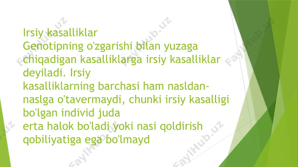 igi bor bolalar 9 oylik bo'lib tug'ilgan bo'lsa-da, vazni juda kichki- na bo'ladi. kasallikning belgilari quyidagilardir: ensa bo'rtib chiqqan, bosh uzunchoq jag'lar va og'iz bo'shlig'i kichik, tanglay baland, kuloqlar juda past joylashgan, qon aylanish tizimi, ko'rish qobiliyati va buyrakning tuzilishi buzilgan, qo'l barmoqlari juda kalta. kaftda ko'ndalang ketgan burma bo'lib, deyarli barcha barmoqlar uchida yoysi- mon chiziqlar kuzatiladi. bu kasallik 4500, 6500 sog'lom bolaga bitta to'g'ri keladi ( p atau kasalligi. kasallikni birinchi bo'lib k. patau 1961 -yilda o'rgangan. kasallik bitta xromosomaning ortib ketishi bilan yuzaga chiqadi (46 + 1). bu ortiqcha xromosoma 13-15-juft xromosomalardan biri bo'lib, qaysi bir juftga kirishini aniq aytish qiyin. chunki 13, 14, 15-juft xromosomalar bir-biriga juda o'xshash. shuning uchun patau kasalligini d guruhga mansub xromosomalardan birining oshishiga bog'lab tushuntiriladi. bunday kasallik bilan bolalar, odatda, sog'lom ota-onalardan tug'iladi va 3500, 4000 sog'lom bolaga bitta kasal bola to'g'ri keladi. kasallikka xos belgilar quyidagilardir: bolalarning vazni, bo'yi juda …