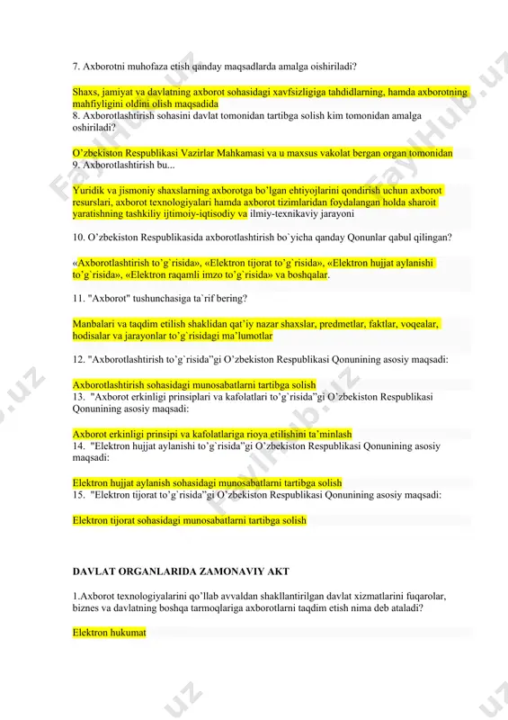 maqsadida 8. axborotlashtirish sohasini davlat tomonidan tartibga solish kim tomonidan amalga oshiriladi? показать / скрыть текст o’zbekiston respublikasi vazirlar mahkamasi va u maxsus vakolat bergan organ tomonidan 9. axborotlashtirish bu... показать / скрыть текст yuridik va jismoniy shaxslarning axborotga bo’lgan ehtiyojlarini qondirish uchun axborot resurslari, axborot texnologiyalari hamda axborot tizimlaridan foydalangan holda sharoit yaratishning tashkiliy ijtimoiy-iqtisodiy va ilmiy-texnikaviy jarayoni 10. o’zbekiston respublikasida axborotlashtirish bo`yicha qanday qonunlar qabul qilingan? показать / скрыть текст «axborotlashtirish to’g`risida», «elektron tijorat to’g`risida», «elektron hujjat aylanishi to’g`risida», «elektron raqamli imzo to’g`risida» va boshqalar. 11. "axborot" tushunchasiga ta`rif bering? показать / скрыть текст manbalari va taqdim etilish shaklidan qat’iy nazar shaxslar, predmetlar, faktlar, voqealar, hodisalar va jarayonlar to’g`risidagi ma’lumotlar 12. "axborotlashtirish to’g`risida”gi o’zbekiston respublikasi qonunining asosiy maqsadi: показать / скрыть текст axborotlashtirish sohasidagi munosabatlarni tartibga solish 13. "axborot erkinligi prinsiplari va kafolatlari to’g`risida”gi o’zbekiston respublikasi qonunining asosiy maqsadi: показать / скрыть текст axborot erkinligi prinsipi va kafolatlariga …