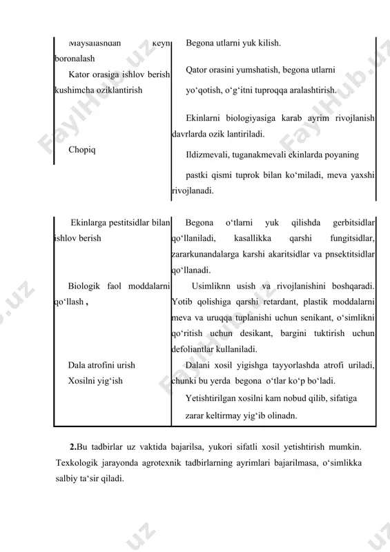 i va chuqurligiga bog‘liq. bu masalalar poteri hal qilinsa, hosil kam bo‘ladi va sifati ham pasayishi mumkin. o‘zbekistan sharoitida yil davomida ekishga imkon bor. ekish muddati o‘simlikning biologiyasiga qarab bahorgi, yozgi, kuzgi,qishki bo‘lishi mumkin. issiqsevar qisqa kun o‘simliklarning urug‘i o‗rtacha 3-12° da unib chiqadi, maysasi -1o sovuqda nobud buladi. demak, bahorda bo‘ladigan sovuqlardan keyin bu o‘simliklar ekilishi lozim yoki sovuq tushishiga bir hafta qolganda ekish mumkin. maysa sovuq o‘tib ketgandan keyin ko‘karib chitsadi. uzun kunli o‘simliklar issiqlikka talabchan bo‘lmaydi, maysasi -3-6° sovuqqa chidaydi. bu o‘simliklarni erta bahorda ekish mumkin. kuzgi ekinlar tuplanish davrida yaxshi qishlaydi. uzbekistonda sovuq tushidan oldidan tuplanish davriga o‘tish uchun kuzgi ekinlar sharoitga qarab sentyabr-oktyabrda ekilgani ma‘qul. lalmi yerlarda ekish muddati yog‘ingarchilik boshlanishiga bog‘liq. ayrim ko‘p yillik o‘tlarning urug‘i qishda yoki erta baxorda samolyot yordamida ekilishi mumkin. odatda bu urug‘ juda mayda ekinlarda qo‘llanadi. ekish muddati, usuli, me‘yori olinadigan maqsulot turiga bog‘liq. ko‘chat yetishtirish uchun qalinroq ekiladi, …