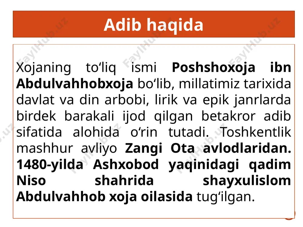 iga sadoqat bilan xizmat qilmagan odam ikkinchi xo‘jayiniga sodiq bo‘lmasligi haqida. bunda xoinlik, vafosizlik qoralangan. 3-hikoyatda adolat qilishda ikki arzgo‘y tarafning shikoyatini birdek tinglash lozim ekanligi aytiladi. 4-hikoyatda ertasini o‘ylagan kishi hech qachon xonavayron bo‘lmasligi aytiladi. e’tiboringiz uchun rahmat! foydalanilgan adabiyot: adabiyot: umumiy o‘rta ta’lim maktablarining 9-sinfi uchun darslik. qayta ishlangan 4-nashri. /qozoqboy yo‘ldoshev, valijon qodirov, jalolbek yo‘ldoshbekov; [mas’ul muharrir: v.rahmonov]. —t.: “o‘zbekiston” nmiu, 2019. ushbu taqdimot slaydi mahsulotidir. diqqat! ushbu mahsulotni tijoriy maqsadda ko‘paytirish javobgarlikka sabab bo‘ladi! image19.jpg image12.png image4.png image20.jpg image15.png image2.png image7.png image8.png /docprops/thumbnail.jpeg
