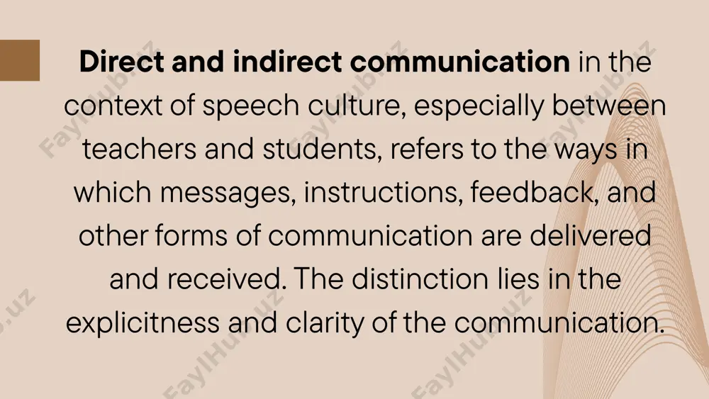 ffective communication and education. cultural norms refer to the shared expectations and rules that guide behavior in a group. in teaching speech culture, these norms can affect communication patterns in various ways: classroom interaction: some cultures promote a teacher-centered approach, where the teacher is the primary source of knowledge and authority, leading to patterns of communication that are more formal and hierarchical. in contrast, other cultures favor a student-centered approach, encouraging more interactive and participatory forms of communication. verbal and non-verbal communication: the acceptance and use of certain gestures, eye contact, and physical proximity can vary widely between cultures, affecting how students and teachers interact. for example, in some cultures, maintaining eye contact is a sign of respect and attentiveness, while in others, it might be considered confrontational or disrespectful. values values are the core principles and standards that are important to a cultural group, influencing people's behavior and attitudes: …