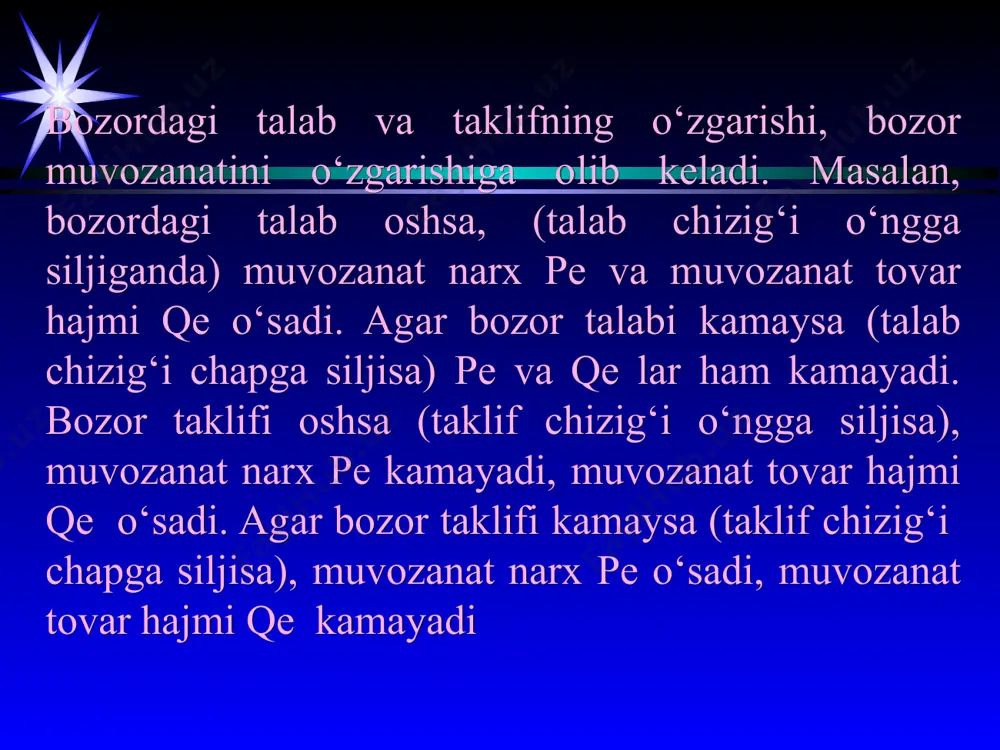 bu tovarni sotishdan foyda, ya’ni ortiqcha manfaat oladilar. har bir tovar uchun ushbu ortiqcha manfaat tovarning bozor narxi bilan uni ishlab chiqarishdagi chekli xarajati o‘rtasidagi farqga teng bo‘lib, uni ishlab chiqaruvchi oladi. bu farq bir birlik maqsulotdan oladigan foyda bilan ishlab chiqarishdagi har qanday rentani qo‘shilganiga teng. umuman ishlab chiqaruvchi ortiqchaligi bu barcha ishlab chiqaruvchilar tomonidan olinadigan foydalarning umumiy yig‘indisidir. * bozor uchun umumiy ishlab chiqaruvchi ortiqchaligi taklif chizig‘idan tortib to bozor narxi chizig‘igacha bo‘lgan oraliqdagi yuzaga teng ишлаб чиқарувчи ортиқчалиги p s pe e q d * iste’molchi va ishlab chiqaruvchi ortiqchaligi(yutug‘i). q s d p 10 20 30 40 50 70 60 80 75 55 истеъмолчи ютуғи: (80-55)+(75-55)+(60-55)+(55-55)=50 сўм iste’molchi ortiqchaligi ishlab chiqaruvchi ortiqchaligi 1 2 3 4 5 * уйга вазифа аёллар шуъбасига бўлган талаб ва таклиф функциялари қуйидагича: qd=p2-7p+12; qs=3p-4. берилган функциялардан фойдаланиб мувозанат нарх ва мувозанат хажм аниқлансин ҳамда графикдаги кўриниши акс эттирилсин. e p