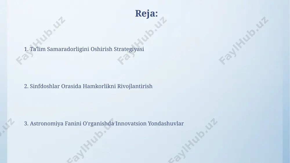 agi rejalar kelgusi 5 yil ichida, onlayn o'quv platformasini yaratish orqali 5000 dan ortiq o'quvchini qamrab olish va 10 ta yangi astronomiya kursini ishga tushirishni maqsad qilganmiz. 2024-yilga kelib, 30 nafar talabani xalqaro astronomiya konferensiyalariga, masalan, aqshdagi yoki evropadagi konferensiyalarga yuborishni rejalashtirmoqdamiz. loyihalar va guruhlar тошкент шаҳридаги 5-мактабда ўтказилган астрономия дарсларида 20 нафар ўқувчидан иборат 4 та гуруҳда лойиҳаларни амалга ошириш самарадорлиги 30% га ошган. фарғона водийсидаги 10 та мактабда 150 нафар ўқувчи иштирокидаги астрономия лойиҳаларида ҳамкорлик ва мулоқот кўникмаларининг ривожланиши 40% кузатилган. muloqot va muhokamadan foydalanish muloqot va muhokamada 2-3 kishilik guruhlarni tashkil etish, har bir guruhga 7-10 ta savol berish orqali talabalarning faol ishtiroki va chuqurroq tushunishini ta'minlash mumkin. toshkentdagi 100 dan ortiq o'qituvchilar orasida o'tkazilgan so'rovnoma natijalariga ko'ra, 75% i muloqot va muhokamadan foydalanish astronomiya fanini o'rgatishda samarali vosita ekanligini ta'kidlashgan. talabalarning motivatsiyasi 2022-yilgi tadqiqotlar shuni ko'rsatdiki, toshkentdagi 100 talabadan 75 foizi astronomiya fanidan amaliy mashg'ulotlar va …