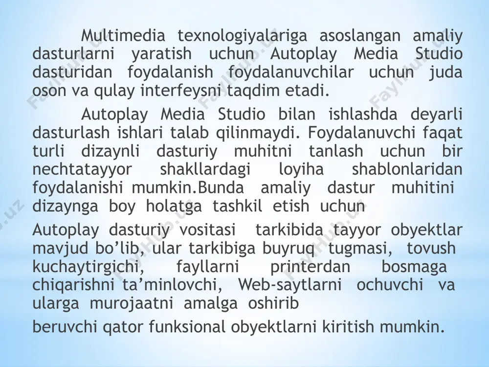 g’liq bir nechta buyruqlarni o’z ichiga oluvchi muloqot oynasi yuzaga keladi: bu muloqot oynasida quyidagi to’rtta taklif ilgari surilgan bo’ladi: 1) create a new project (yangfi loyiha yaratish); 2) open an existing project (yaratilgan loyihalardan birini ochish); 3) restore last open project (oxirgi ishlangan loyihani ochish); 4) exit autoplay media studio (dasturdan chiqish). autoplay dastur oynasi quyidagi tuzilmaga ega : 1. dastur oynasining darlavha satri. 2. dastur oynasining menyu satri. 3. instrumentlar paneli satri. 4. project explorer muloqot oynasi. 5. properties muloqot oynasi. 6. holat satri. autoplay dasturi muhitida 6 ta instrumentlar panelidan foydalanish mumkin bo’lib, ular quyidagilardan iborat [11]: 1. standard; 2. objects; 3. advanged objects; 4. common; image1.png image2.png image3.png image4.png image5.png /docprops/thumbnail.jpeg