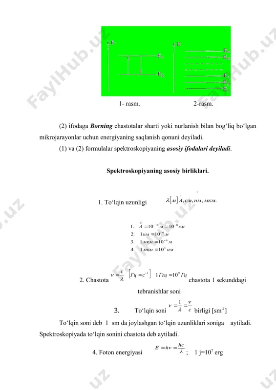 n stasionar holatlar berilgan bо‘lsin. bu holatdagi sermolekulalikni yoki molekulalarning zichligini n1 va n2 bilan belgilaymiz. biron dt vaqt ichida birinchi holatdan ikkinchi holatga energiyani yutish bilan о‘tgan molekulalarning soni quyidagiga teng bо‘ladi. (1) bu vaqtda yutilgan energiyaning umumiy miqdori (2) (1)-formuladan koeffisiyent (3) 3-formuladan kо‘rinadiki a12 - dt vaqt ichida о‘tgan molekulalar sonini umumiy molekulalar soniga nisbatini bildiradi yoki molekulalarning о‘tish ehtimoliyatini xarakterlaydi.boshqacha aytganda bitta zarrachani ma’lum vaqtda yutilishini kо‘rsatadi. xuddi shunday formulalarni dt vaqt ichida e2 (e1 holat uchun yozish mumkin ya’ni: (4) (4) dan (5) f21-dt vaqt ichida 2(1 holatga о‘tgan molekulalarning umumiy molekulalar soniga bо‘lgan nisbatini bildiradi yoki nurlanish ehtimoliyatini bildiradi. uyg‘ongan molekulalar uyg‘ongan holatda abadiy yashamaydi biron yо‘l bilan asosiy stasionar holatga qaytib keladi. shu molekulalarning qaytib kelishi bilan bog‘liq bо‘lgan quyidagi hodisalar bо‘lishi mumkin. (1-rasm) 1. uyg‘ongan molekulalar tashqi maydonning ta’sirisiz ichki kuchlar ta’sirida asosiy holatga qaytadi. bunday о‘tishga spontan yoki о‘z-о‘zidan о‘tish deyiladi …
