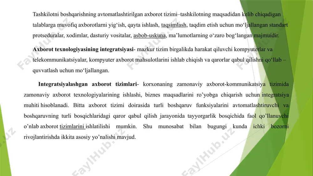 ida foaliyat yurituvchi axborot va telekommunikatsiya tizimlari va tarmoqlari majmuida yuz beradi. integratsiyalashuv darajasiga ko‘ra barcha axborot tizimlarini beshta sinfga ajratish mumkin: 1-sinf-vazifali axborot tizimlaridan iborat bo‘lib, unda bir-biri bilan bog‘liq bo‘lmagan vazifalar avtomatlashtiriladi. odatda bunday tizimlar o‘zaro na ish, na axborot jihatidan bog‘liq bo‘ladi. har bir vazifa uchun ma’lumotlar tashkil etiladi va yig‘iladi. 2-sinf-o‘zaro bog‘liq vazifalarni avtomatlashtirish bilan ajralib turadi. ular ayrim tamoyillarga ko‘ra ajratilib kenja tizimlarda guruhlanadi. kenja tizimlarning ish qobiliyatini ta’minlash uchun lokal ma’lumotlar bazasi yoki o‘zaro bog‘langan lokal fayllar tashkil etiladi. 3-sinf-yagona ma’lumotlar banki asosida kenja tizimlar o‘rtasida o‘zaro aloqani amalga oshirgan tizimlardan iborat. ayni paytda kenja tizimlar yanada yirikroq konstruksiyaga (masalan, «hisobot», «tahlil», «boshqarish», «rejalashtirish» bloklari va hokazo) birlashadi. birlashuv nomigagina amalga oshirilmagan. tizim ichidagi integratsiyalashuv funksional va model darajasida amalga oshiriladi. ayni paytda axborot maqsadi, modeli, mezon va cheklovlar, axborotni tashkil etash, axborot texnologiyasi har bir daraja, har bir blok doirasida o‘zaro bog‘liq bo‘ladi. …