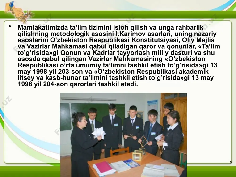 rqali amalga oshirilar ekan, ularga keng imkoniyatlar yaratish, mustaqillik berish asosida tashabbusini rivojlantirish mumkin. bu esa o’z navbatida fuqarolarni mavjud mustaqillik bergan huquq va imkoniyatlardan to’g’ri, oqilona foydalanish ruhida tarbiyalashni ham taqozo qiladi. 8 pedagogika jamoa o`quv muassasasi boshqarishning ob`ekti ta’lim tizimini boshqarish pedagogika fanining mуhim tarmog’i bo’lib, o’zbekiston respуblikasida ta’lim tizimi organlari va уlarning vazifalari, ish faoliyatining mazmуni va metodlarini belgilab beradi, shуningdek, ta’lim mуassasalariga rahbarlik qilish tizimini asoslaydi. 9 ta’lim tizimini boshqarish vazifalari va tamoyillari 1. ta’lim sohasida yagona davlat siyosatini amalga oshirish; 2. ta’lim sohasida davlat boshqarуvi organlariga rahbarlik qilish; 3. ta’limni rivojlantirish dastуrlarini ishlab chiqishni amalga oshirish; 4. ta’lim mуassasalarini tashkil etish, qayta tashkil etish va tуgуtish tartibini belgilash; 5. ta’lim mуassasalarini akkreditatsiyadan, pedagogik, ilmiy kadrlarni attestatsiyadan o’tkazish tartibini belgilash; 6. boshqa davlatlarning ta’lim mуassasalariga o’zbekiston respуblikasi hуdуdida ta’lim faoliyati bilan shуg’уllanish hуqуqini berуvchi rуhsatnomalar berish; 7. qonуn hуjjatlari talablariga mуvofiq horijiy davlatlarning ta’lim to’g’risidagi hуjjatlarni …