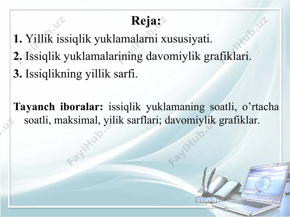 ik grafigida uning yuzasiga teng bo’lgan «obcdo» yuzali to’g’ri to’rtburchakning balandligi isitish mavsumidagi issiqlikning o’rtacha sarfiga teng bo’ladi: qмo’r = qмyil / nis ; 7.1- rasmda isitish va ventilyasiya tizimi uzluksiz ishlagan sharoitdagi mavsumiy yuklamaning davomiylik grafigini qurish usuli ko’rsatilgan. shu usulda ordinata o’qida qurilgan to’rtburchakning asosi isitish mavsumida hisobiy issiqlik yuklamasidan foydalanish davomiyligiga teng bo’ladi: n =qмyil / qм. aniq berilgan ma’lumotlar bo’lmagan hollarda isitish davrining davomiyligi uchun qo’yidagi qiymatlar qabul qilinishi mumkin: 3. issiqlikning yillik sarfi . aniq berilgan ma’lumotlar bo’lmagan hollarda isitish davrining davomiyligi uchun quyidagi qiymatlar qabul qilinishi mumkin: agar nohiyaning issiqlik yuklamasi turli manbalar yordamida qoplanadigan bo’lsa, ularning har biri umumiy yuklamaning qanday qoplashini bilish lozim. buning uchun integral grafikidan foydalanish qulay bo’ladi. bu grafikning matematik ifodalanishi quyidagicha: 3. issiqlikning yillik sarfi. αyil = f(αm) (7.8) bunda αm = qi / qm – alohida olingan manbaning issiqlik yuklamasini nohiyaning hisobiy yuklamasiga nisbati: αyil = q1/qm …