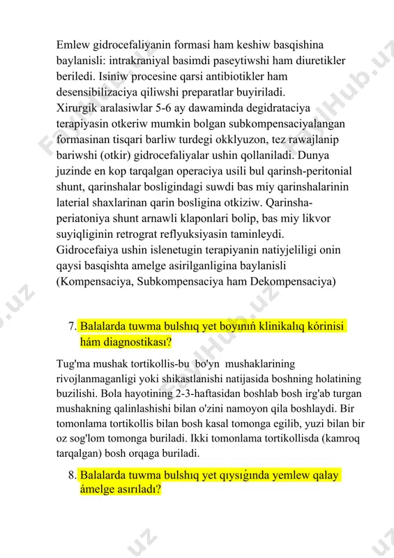 g erta boshlanishi patologiyani operatsiyaga murojaat qilmasdan butunlay yo'q qilishga imkon beradi. agar davolanmasa, tug'ma mushak tortikollisiga ega bo'lgan bolada bosh suyagi assimetriyasi asta-sekin shakllanadi va yoshi bilan davolash samarasiz bo'ladi. tug'ma mushak tortikollisining konservativ terapiyasi kasalxonada boshlanadi. bola maxsus tarzda (sog'lom tomonga) yotqiziladi, u boshini zararlangan tomonga burishga harakat qilishi uchun oziqlanadi, bosh irg'aydigan mushaklarni massaj qilish buyuriladi. lekciya 1. qızılóńesh atreziyasına táriyip beriń. qizilo'ngach atreziyasi og'ir malformatsiya bo'lib, qizilo'ngachning yuqori qismi ko'r-ko'rona tugaydi va pastki qismi ko'pincha traxeya bilan birigadi. 2. qızılóńesh atreziyasınıń qanday variantları bar? 1.distal aqpa (свиш) menen atreziya (86%) 2.izolyatsiyalangan atreziya (7%) 3.eki tarepleme aqpa menen atreziya (4%) 4.izolyatsiya ham aqpa menen atreziya(2%) 5.proksimal aqpa menen atreziya 3. qızılóńesh atreziyasının klinikasi hám diagnostikası qanday? tashxis qizilo'ngachni yumaloq uchi bo'lgan ingichka uretral kateter bilan kateterizatsiya qilish orqali aniqlanadi. kateter burun orqali kiritiladi. 6-8 sm chuqurlikka o'tgandan so'ng, kateter qizilo'ngachning ko'r uchiga suyanadi yoki o'ralgan holda bolaning …