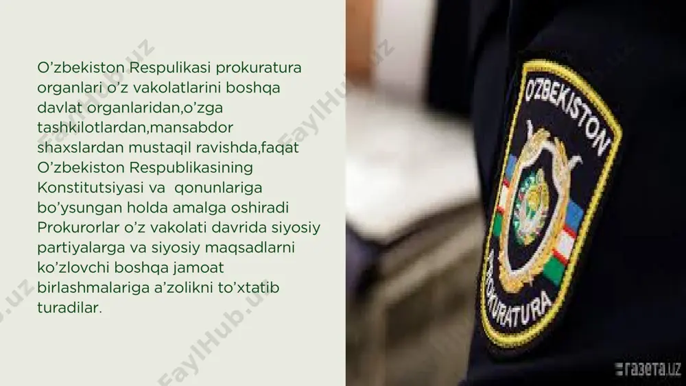 murojaat etishi mumkin; o‘zbekiston respublikasi konstitutsiyaviy sudining majlislarida ishtirok etishi, uning ko‘rib chiqishi uchun masalalar kiritishi va ko‘rilayotgan masala yuzasidan fikr bildirishi mumkin; o‘zbekiston respublikasi oliy sudi plenumi majlislarida ishtirok etadi, muhokama qilinayotgan masalalar yuzasidan fikr bildiradi, qonunchilikni qo‘llash bilan bog‘liq masalalar bo‘yicha plenum tushuntirishlar berishi xususida takliflar kiritadi; o‘zbekiston respublikasi bosh prokuraturasi hay’atining tarkibini tasdiqlash to‘g‘risidagi takliflarni o‘zbekiston respublikasi prezidentiga kiritadi; prokuratura organlari xodimlariga darajali unvonlar (harbiy unvonlar) beradi va oliy darajali unvonlar (harbiy unvonlar) berish to‘g‘risidagi taqdimnoma bilan o‘zbekiston respublikasi prezidentiga murojaat etadi; prokuratura organlari xodimlarini o‘zbekiston respublikasi davlat mukofotlariga taqdim etadi; prokuratura organlari xodimlarini “o‘zbekiston respublikasi prokuraturasining faxriy xodimi” ko‘krak nishoni bilan taqdirlaydi; buyruqlar chiqaradi hamda prokuratura organlarining tarkibiy bo‘linmalari to‘g‘risidagi nizomlarni tasdiqlaydi chet el davlatlarining tegishli organlari bilan hamkorlik to‘g‘risidagi bitimlar tuzadi; taqdimnoma prokuror qonun buzilishi, uning kelib chiqish sabablari va bunga imkoniyat yaratib berayotgan shart-sharoitlarni bartaraf etish to‘g‘risidagi taqdimnomani qonun buzilishini bartaraf etish vakolatlariga ega …