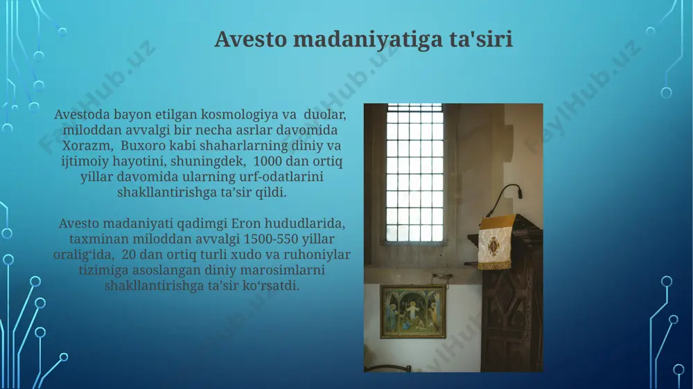 vestoda odamning yaratilishi 6 kun ichida emas, balki ahura mazda tomonidan muayyan vaqt oralig'ida, muqaddas joy – xorazm yaqinidagi yerlarda amalga oshirilgani aytiladi. insonning yaratilishida 2 ta muhim element – yer va suv ishtirok etgani, bu esa avesto kosmologiyasida muhim ahamiyatga ega bo'lgan ikki muqaddas elementdir. qiyomat va oxirat haqida tasavvurlar avestodagi oxirat haqidagi tasavvurlar, dindorlarning vohu manoga yaqinlashishi va dushmanlari angra mainyu taʼsiridan ozod boʻlishlari bilan bogʻliq boʻlib, dunyodagi amal-harakatlarning oxiratda mukofot yoki jazoga olib kelishini ta’kidlaydi. qadimgi eron hududida paydo boʻlgan avesto matnlarida, qiyomat kunining kelishi, yaxshilik va yomonlik kuchlari oʻrtasidagi yakuniy jang hamda dunyoni yangi bir davrga olib kirishi haqida bayon qilinadi. avesto va boshqa dinlar bilan aloqalar avesto kosmologiyasi va axloqiy tamoyillari keyinchalik yahudiylik, xristianlik va islom dinlarining ma’naviy tizimlariga bevosita yoki bilvosita ta’sir ko‘rsatgan deb taxmin qilinadi. avestodagi zarathustraning ta’limoti 6-asr miloddan avvalgi eron hududida paydo bo‘lib, keyinchalik buddizm va zardushtiylik kabi dinlarning shakllanishiga ta’sir …