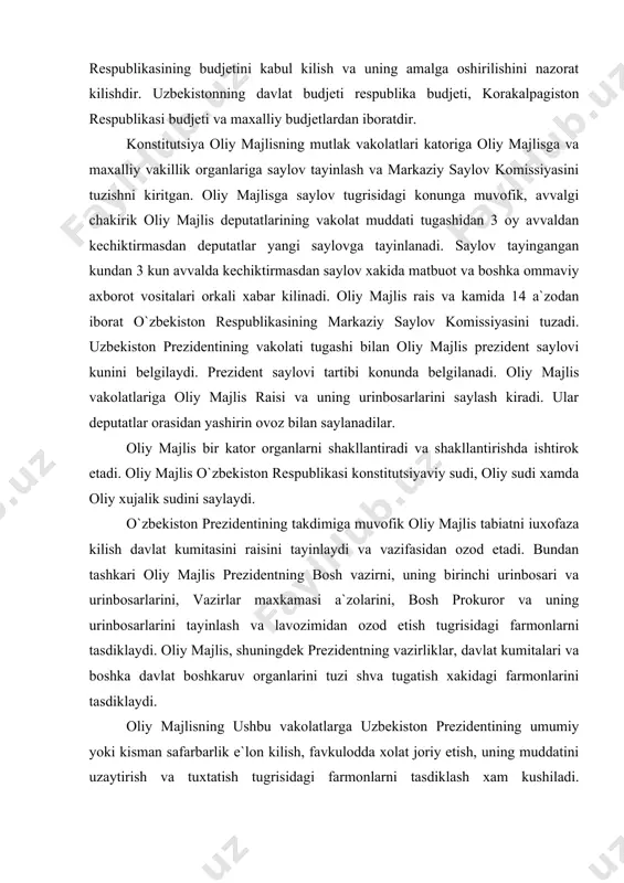 tugrisidagi farmonlarni tasdiklaydi. oliy majlis, shuningdek prezidentning vazirliklar, davlat kumitalari va boshka davlat boshkaruv organlarini tuzi shva tugatish xakidagi farmonlarini tasdiklaydi. oliy majlisning ushbu vakolatlarga uzbekiston prezidentining umumiy yoki kisman safarbarlik e`lon kilish, favkulodda xolat joriy etish, uning muddatini uzaytirish va tuxtatish tugrisidagi farmonlarni tasdiklash xam kushiladi. prezidentning ushbu framonlarini tasdiklash uchun 3 kun maboynida takdim etiladi. o`zbekiston respublikasi xalkaro munosabatlarning tula xukukli subyekti bulib, prezident imzolaydigan turli xalkaro shartnoma va bitmlarni tuzishga xakli. 78 modda oliy majlis vakolatlariga xalkaro shartnomalarni va bitimlarni ratifikatsiya (tasdiklash) va denonsatsiya (barvakt tuxtatish) kilishni kiritadi. bunda respublika konstitutsiyaviy sudi o`zbekiston respublikasining davlatlararo shartnomalari va boshka majburiyatlarning konstitutsiyaga mosligini belgilaydi. oliy majlis utgan yillar maboynida 70 ta shartnomani ratifikatsiya kildi, 64 ta konvensiyaga kushildi. oliy majlisining tarkibiy tuzilishi. o`zbekiston respublikasi oliy majlisi faoliyatini, yigilishlarni tashkil kilish, ichki tartib koidalarni ta`minlash maksadida oliy majlis deputatlari orasidan deputatlar guruxlari vakillarining yigilishi taklifiga binoan, oliy majlis vakolati tugagunga …