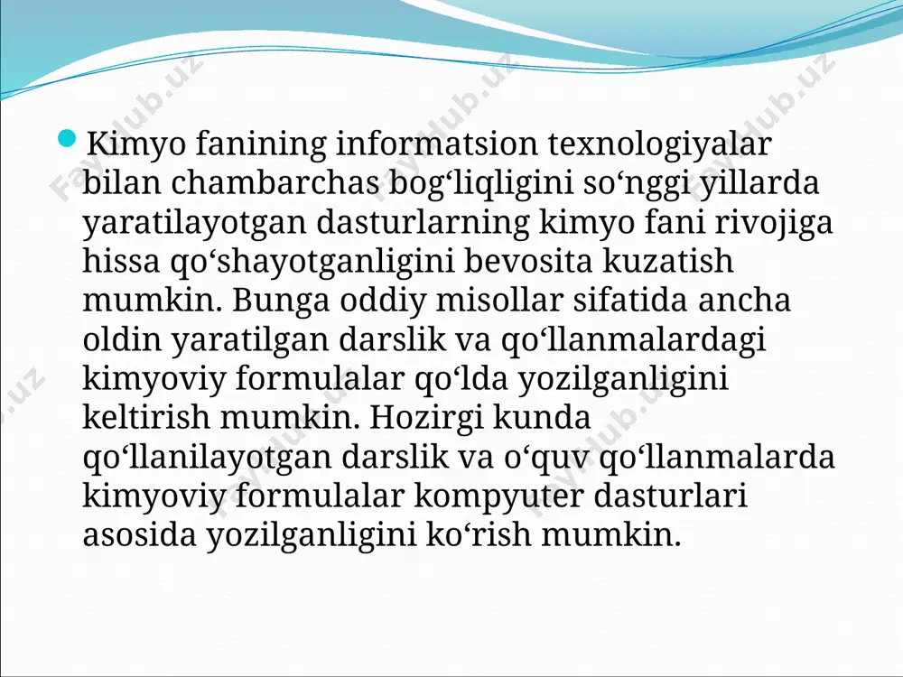 odda tuzilishini tasvirlashda keng qo‘llaniladi. bu dasturdan foydalangan holda ma’lumotlarni noto‘g‘ri kiritishning iloji yo‘q. chunki modda formulasi yozilishi boshlanishi bilan har bir elementning valentligini oldindan bilib aytib turadi. chemdraw imkoniyatlari 1. chemdraw dasturi asosida organik va noorganik moddalarning tuzilishini chizish imkonini beradi. shuningdek, mazkur dastur modda tuzilishidan kelib chiqqan holda yamr va pmr ma’lumotlarini tayyorlab bera oladi hamda moddalar tuzilishi formulasidan kelib chiqqan holda uning nomini aytib bera oladi. moddalar tarkibidagi kimyoviy elementlar massa ulushidan formula keltirib chiqaradigan va aksincha, yozilgan formula asosida moddalar massa ulushini aniqlash mumkin. bunday dasturni kimyoning massa ulushi darslarini olib borishda foydalanish maqsadga muvofiq. chemical calculator dasturi asosida o‘quvchilarga savollar tayyorlash, ularning bilimlari tekshirish uchun har bir darsga alohida savollar tayyorlash imkoniyati ortadi. xulosa ayrim kompyuter dasturlari bir vaqtning o‘zida modda tuzilishini 2d va 3d holida tasvirlash imkonini beradi. bunday dasturlardan modda tuzilishini 2d holida ifodalovchi dasturlar deyarli barcha kimyo darslariga tadbiq qilish mumkin. 3d …