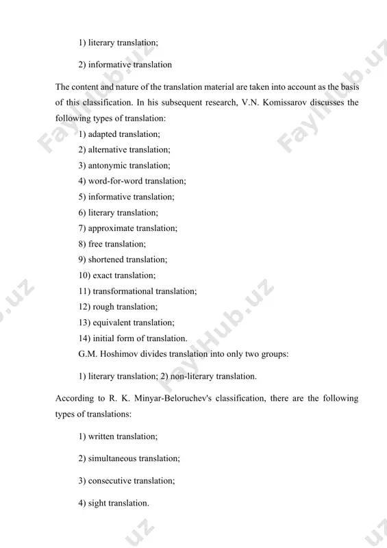 mov divides translation into only two groups: 1) literary translation; 2) non-literary translation. according to r. k. minyar-beloruchev's classification, there are the following types of translations: 1) written translation; 2) simultaneous translation; 3) consecutive translation; 4) sight translation. consecutive translation in this classification, according to minyar-beloruchev, can be of four types: 1) one-way translation; 2) two-way translation; 3) translation from paragraph to phrase; 4) translation with note-taking. th scholar notes that depending on what text is being translated, translation can be divided into the following types: 1) literary translation; 2) socio-political translation; 3) scientific and technical translation. this classification can be continued as follows: 1) translation of religious texts; 2) sports translation; 3) military translation; 4) economic and business translation. depending on the extent to which the translation reflects the meaning of the source text, r.k. minyar-beloruchev also discusses the following types of translation: 1) adequate translation; 2) antonymic translation; …
