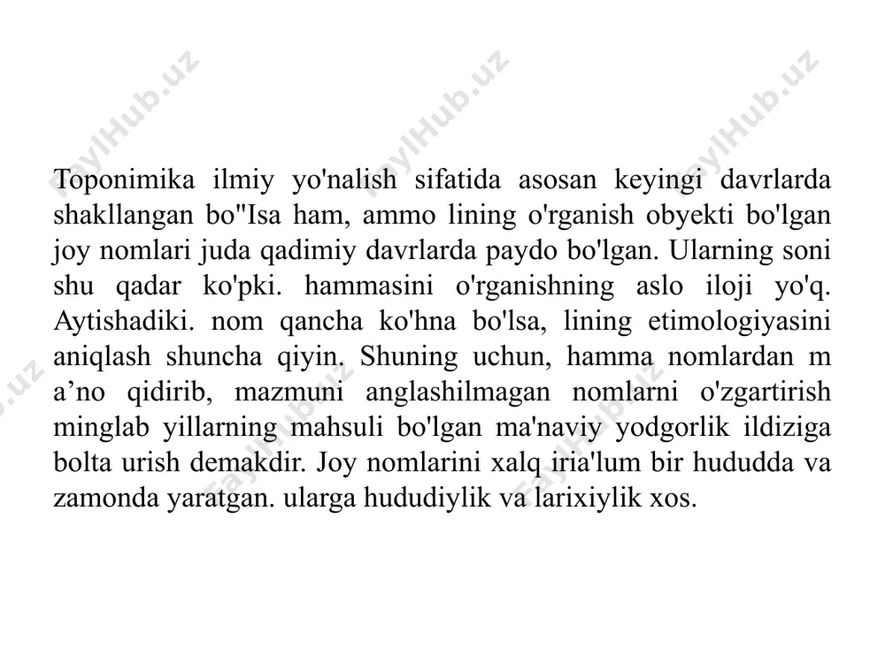 hlangan maxsus asarlar paydo bo'ldi, geografik nom larni o'rganadigan komissiyalar va jamiyatlar tashkil etildi. masalan, g'arbiv yevropa, jumladan, fransiya, angliya. germaniya, polshada barcha toponimik ishlarni muvofiqlashtiruvchi toponimik jamiyat yoki guruhlar paydo bo'ldi. aqsh da 1890 yili geografik nomlar byurosi, 1923 уilda esa toponimik jamiyat tashkil qilindi. rossiyada ham 1847 yili rus geograilya jamiyati qoshida geografik terminologiyanini o'rganish komissiyasi tashkil etildi va u toponimikaga katta ahamiyat berdi. komissiya tarkibida qatnashgan a.dal, n.nadejdin kabi olimlar yordamida to'rt mingdan ortiq geografik terminlardan iborat lug'at tuzilgan. rus olimi n.nadejdinning toponimikaga bag'ishlangan ilmiy ishlari diqqatga sazovor. u toponimikani xalq hayoti, turmushi, dunyoqarashi bilan bog'liq ekanligi, jamiyat tarixidagi muhim voqea-hodisalar joy nomlarida aks etishiga katta e'tibor bergan. “toponimiya - yer tili, yer - insoniyat tarixi geografik nomlar bilan yozilgan kitobdir" degan ta'rif aynan unga tegishli. xix asr oxiri va xx asrning boshlaridagi o'rta osiyo toponimiyasini o'rganishda, akademik v.bartold asarlari alohida o'rin tutadi. v.bartold garchi toponimikaga bag'ishlab …