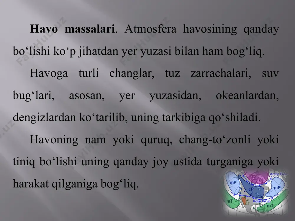 natijada obhavo tez o‘zgarib turadi. front zonasi qaysi havo massasining kuchli ekaniga qarab iliq yoki sovuq front deb ataladi (14- rasm). iliq frontda sovuq havo bilan qoplangan joyga iliq havo bostirib kirib, ob-havoning asta-sekin ilishiga sabab bo‘ladi. sovuq front uchun, aksincha, ob-havoning tez o‘zgarishi, haroratning keskin pasayishi va yog‘in-sochin bo‘lishi xosdir. havo frontlari juda katta hududlarni qamrab oladi. front zonasining turli qismlarida atmosferada diametri bir necha yuz, hatto minglab kilometrga teng bo‘lgan juda katta havo girdoblari uchraydi. ularning ba’zilari markazida havo bosimi past bo‘lib, atrofga tomon ortib boradi va havo atrofdan markazga tomon soat strelkasi harakatiga teskari yo‘nalishda harakat qiladi. bunday havo girdoblari siklonlar deyiladi. aksincha, front zonasida atmosfera bosimi markazdan atrofga tomon kamayib boradigan, shamollar soat strelkasi harakati yo‘nalishida esadigan havo girdoblari antisiklonlar deb ataladi (15- rasm). siklon va antisiklonlarda ob-havo qanday bo‘ladi? siklonda havo bosimi atrofdan markazga tomon kamayib kelganligi uchun uning markaziy qismlarida havoning yuqoriga ko‘tarilishi kuzatiladi. …