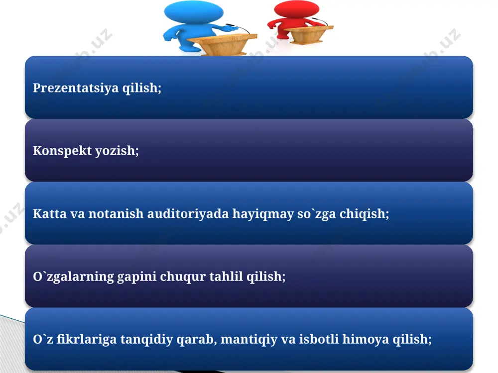 g, shoshilmang! raqib jamoaning har bir notig`ining fikriga diqqat qiling, yozib oling! truizm (alixo`ja-xo`jaali), tavtoligiya (inkor etib bo`lmas g`oya), maxsus bilimlar, diniy, irqiy manbalardan, yuqori siyosiy nufuzga ega bo`lgan kuchlarga ochiq tanqiddan foydalanmang! o`zingizga ishoning! siz eng yaxshi notiqsiz!!! alohida maslahatlar kelajakda yashashni orzu qilgan hayotingni hozirdan boshla! (mark avreliy) e`tiboringiz uchun tashakkur! image2.jpeg image3.jpeg image4.jpeg image5.jpeg image8.jpeg image9.jpeg image1.jpeg /docprops/thumbnail.jpeg