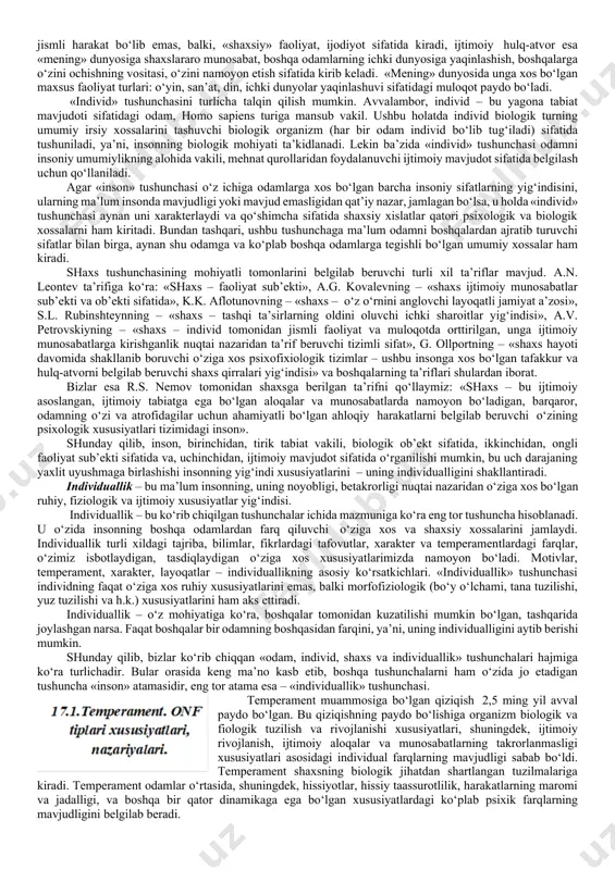yolarda yashaydi, ularning ichidan zamonimizning mashhur faylasuflaridan biri yurgen xabermas asosiylari sifatida uch dunyoni: tashqi dunyo, ijtimoiy dunyo («bizning olam»), ichki dunyo («mening olamim», individuallik va betakrorlilik «mening mavjudligimning» betakrorligi) ajratishni taklif etdi. tashqi dunyo – bu insonning tabiat qonunlarini bilishda va ularni o‘z maqsadlarida tabiatni qayta tuzish uchun qo‘llashda egallaydigan tabiat olami. bu fan, texnika, amaliyot olamidir. bu barcha narsa isbot talab etuvchi maqsadga muvofiq faoliyat olamidir. ijtimoiy dunyo – bu insonni dunyoga kiritishning asosiy vositasi jismli faoliyat bo‘lgan olam. insonni atrofdagi olamga va o‘ziga nisbatan munosabatlarining rang-barangligida tushunish, faolligining manbalarini topish va yo‘nalishini anglash uchun insonning olamda tutgan o‘rnini aniqlab olish zarur. insonga shaxs sifatida yondoshish, avvalambor, insonga jamiyat tuzilishida tutgan o‘rni bilan aniqlanuvchi jamiyatning birligi sifatida qarash bilan bog‘liqdir. insonni biologik organizm, tur birligi sifatida hayvondan farq qiluvchi tub negizli belgisi jamiyatga tegishlilik, ijtimoiylik hisoblanadi. bundan kelib chiqadiki, shaxsni o‘rganishda dastlabki holat bo‘lib uning jamiyatdagi o‘rni, ijtimoiy …