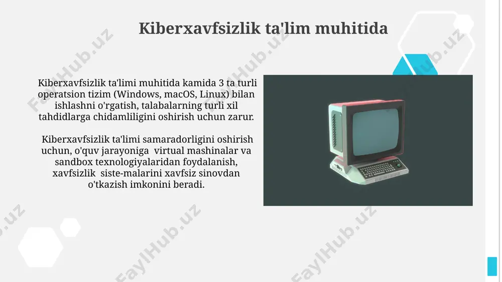 umotlar tahlili tizimlari 5 dan ortiq parametrlarni (masalan, ishtirok, uy vazifasi, test natijalari) birlashtirib, ob'ektiv baholashni ta'minlaydi. katta ma'lumotlar tahlili natijalari o'qituvchilarga 30% gacha vaqtni tejashga va darslarni o'quvchilarning ehtiyojlariga moslashtirishga imkon beradi, shu bilan o'qitish samaradorligini oshiradi. ta'limda bulut texnologiyalari bulutli o'quv platformalari, masalan, google classroom yoki moodle kabi, 1000 dan ortiq foydalanuvchilarga xizmat ko'rsatish imkoniyatiga ega bo'lib, samarali hamkorlik va ma'lumot almashinuvini ta'minlaydi. bulut texnologiyalari ta’lim jarayonida o’quvchilarning 24/7 ta’lim resurslariga kirish imkoniyatini ta’minlaydi, bu esa o’rganish jarayonini moslashuvchan va qulay qiladi. ta'lim texnologiyalarining kelajagi ta'lim texnologiyalarining kelajagi sun'iy intellekt va mashinaviy o'rganish texnologiyalari yordamida 5g tarmoqlari orqali real vaqt rejimida individual yondashuvlarni ta'minlash orqali shakllanadi. kengaytirilgan va virtual reallik (ar/vr) texnologiyalari 2030 yilga kelib ta'limning 70% dan ortig'ida qo'llanilib, immersiv o'rganish tajribalarini yaratadi. e'tiboringiz uchun rahmat @taqdimot_robot image1.jpg image2.jpg image3.jpg image4.jpg image5.jpg image6.jpg image7.jpg image8.jpg image9.jpg image10.jpg image11.jpg image12.jpg image13.jpg image14.jpg image15.jpg image16.jpg image17.jpg