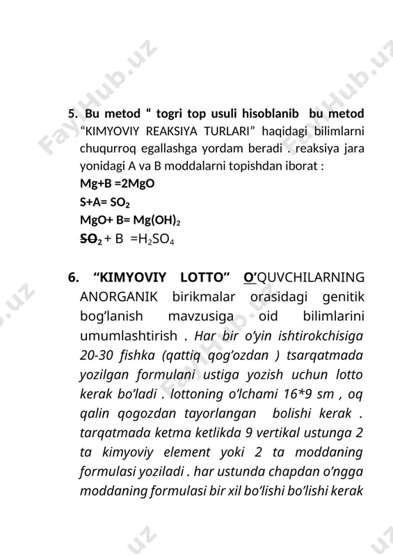 ordni ishlashadi . bunda eng ko’p ishlagan gurux taqdirlanadi . 11. “ davriy jadval viktorina” u kimyoviy elementlarning belgilari, davrlar va atom raqamlari bo’yicha so’rovnomalari olishga kop e’tibor beriladi. unda bor deyarli 30 qiyinchilik darajasi , ularning har biri allaqachon muhokama qilingan mavzular bo’yicha 25ga yaqin savollarga ega . bundan tashqari , biz natijalarni boshqao’yinchilar b.n onlayn taqqoslasimiz mumkin . 12. “kimyo fanidan test “ bunda oquvchilar kimyo kursini tugatayotganda oqituvchi tomondan olinadi va eng kop savollarga javob bergan oquvchilar a’lo baholar b.n taqdirlanadilar . 13. “ kimyo bo’yicha trivia o’yin “ bu oyin assosan android qurulmalarida bor bolgan oyin bolib . 1-kattalar uchun qiziqarli savol-javob o’yini 2ta savabga kora . birinchisi , mazmuni, shubhasiz biroz rivojlangan , asoslardan uzoqlashgan . va ikkinchisi – bu o’yin unda faqat ingliz tili mavjud . shuning u.n kattaroq auditoriyaga kirish cheklangan , chunki u ispan tilida emas . masalan : what is the …