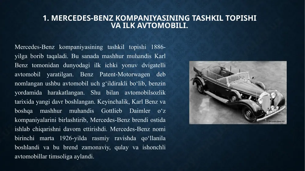lida bir nechta muhim yutuqlarga erishdi. 1926-yilda benz & cie va daimler-motoren-gesellschaft kompaniyalarining birlashishi bilan mercedes-benz rasmiynig tashkil topdi. shu tariqa, brend avtomobilsozlik sohasida o‘zining yuqori sifatli va innovatsion mahsulotlari bilan ajralib turadigan kompaniyaga aylandi. 1936-yilda mercedes-benz birinchi o‘ziga xos to‘liq yig‘ilgan avtomobillarini ishlab chiqdi. bu avtomobillar o‘z davri uchun yuqori tezlikda harakatlanuvchi va xavfsizlik tizimlari bilan ta’minlangan edi. 3. zamonaviy mercedes-benz texnologiyalari va modellari. zamonaviy mercedes-benz texnologiyalari va modellari avtomobil sanoatining ilg‘or innovatsiyalarini o‘z ichiga oladi. mercedes-benz brendi nafaqat yuqori sifatli va qulay avtomobillarni taqdim etadi, balki ular bilan birga yangi texnologiyalarni ham joriy qiladi. bugungi kunda mercedes-benzning eng asosiy texnologik yutuqlaridan biri – avtonom haydash tizimlari. bu tizimlar, sun’iy intellekt yordamida, avtomobillarni o‘z-o‘zini boshqarishga imkon beradi. avtomobillar o‘zaro aloqa qilib, yo‘l harakati va xavfsizlikni optimallashtirishga yordam beradi. mercedes-benzning elektromobillar bo‘yicha ham katta muvaffaqiyatlari mavjud. eq brendi ostida ishlab chiqarilgan yangi modellar, masalan, eqs va eqb, yuqori samaradorlik va …