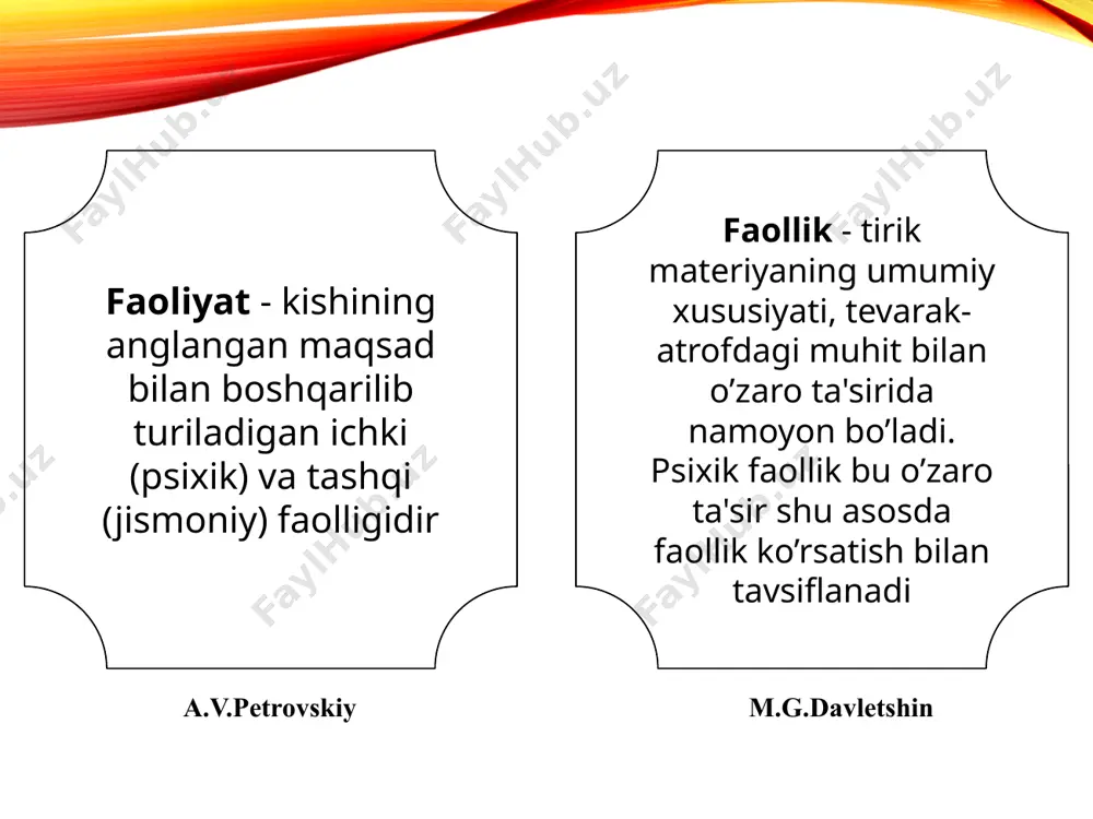 i qurol va vositalar yarata oladi. tashqi muhitga moslashadi o'z ehtiyojlariga muvofiq tarzda tashqi dunyoni o'zgartiradi. odamning faoliyati yoshlik davridan boshlab butun insoniyat tajribasi bilan belgilanadi. faoliyat yordamida odam o‘zi mansub bo‘lgan muhitni o‘ziga buysundiradi, uni o‘z ehtiyojlariga muvofiq o‘zgartiradi. shunday qilib, odamning faoliyati bilish va irodaga asoslanadi. faoliyat faollikni anglab olingan maqsad bilan boshqaradi. faoliyatni anglash qanday darajada bo’lmasin maqsadni anglash hamma vaqt ham zaruriy belgi sifatida qolaveradi. faoliyat tarkibini tashkil etuvchi harakatlar va amallar shaxs tomonidan anglangan ham, anglanmagan ham bo‘lishi mumkin. bu hol odamning yoshi va ma’suliyati bilan ham bog‘liq bo‘ladi. narsalar bilan jismoniy tarzda qilinadigan ishlar shu narsalarning mazmuni bilan almashinadi. tashqi real ishdan ichki ideal ishga mana shunday o’tish jarayonini interorizatsiya deb yuritiladi interorizatsiya eksteriorizasiya odamning ichki dunyosi paydo bo’lgandan so’ng har bir narsani, har bir harakatni oldindan ichida o’ylab so’ngra amalga oshiradi. oldin ichida o’ylab, so’ngra bevosita tashqi munosabatga o’tishi faoliyatning eksteriorizasiyasi deb yuritiladi. …