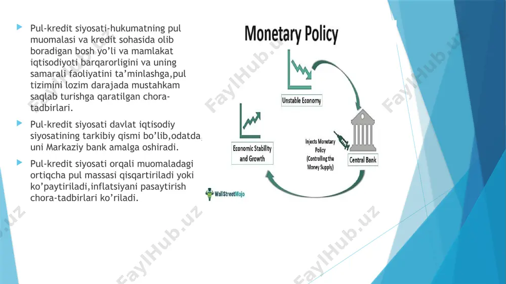 tisodiy o‘sish sur’atlari 5,5-6,5 foizni tashkil etadi va 2023-2024 yillarda 6 foiz atrofida bo‘lishi prognoz qilinmoqda. aqsh monetar siyosati aqsh da monetar siyosatni federal zaxira tizimi(fzt)amalga oshiradi. aqsh fzt monetar siyosatni amalga oshirishda qayta moliyalashtirish siyosati, ochiq bozor siyosati, valyuta siyosati va depozit siyosatidan faol tarzda foydalanadi. majburiy zaxira siyosati fzt uchun monetar siyosat instrumenti hisoblanmaydi. aqsh hukumati qimmatli qog’ozlari emissiya hajmining katta ekanligi fztga ochiq bozor siyosatidan monetar siyosatning asosiy instrumenti sifatida foydalanish imkonini beradi. aqsh fzt monetar siyosat instrumentlaridan makroiqtisodiy o’sish sur’atlariga ta’sir etish maqsadida aktiv foydalanib kelmoqda. masalan, 2001 yilda aqsh iqtisodiyotida retsessiya belgilarining paydo bo’la boshlaganligi fztni “arzon pullar” siyosatini qo’llashga majbur qildi va natijada 2001-2004 yillarda pul massasining oshishini rag’batlantiruvchi ekspansionistik monetar siyosat olib borildi. ushbu siyosatning natijasi o’laroq, aqsh hukumatiga tegishli pul mablag’lari bo’yicha belgilangan stavka 2001 yildagi 6,5 foizdan 2004 yil dekabr oyiga kelib, 1,75 foizga tushdi. rossiya monetar siyosati rossiya federatsiyasi bank …