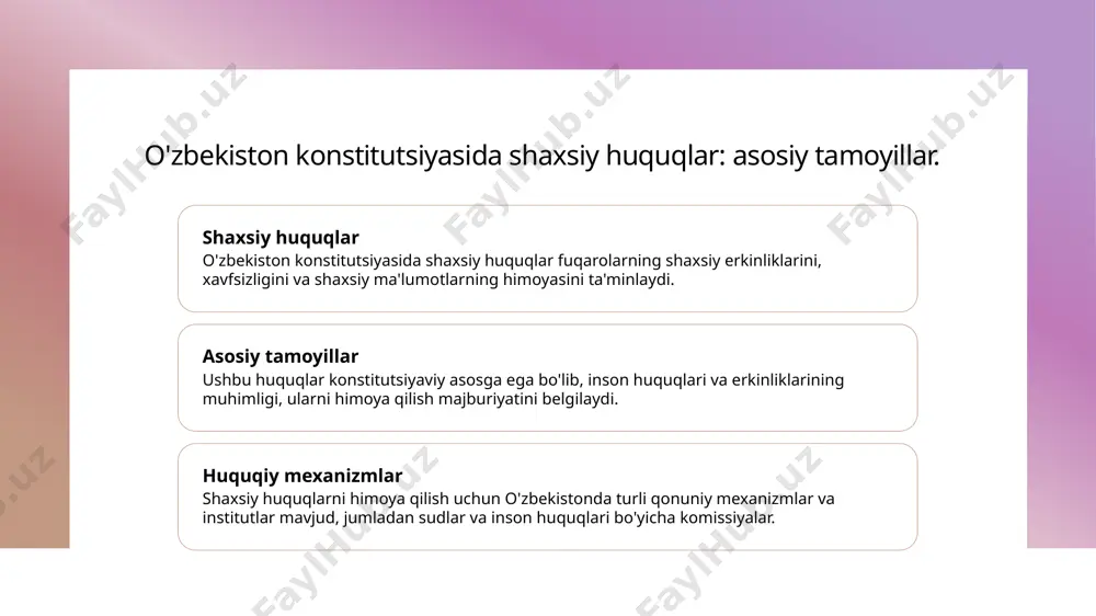 siy huquqlaridan biridir. davlat, ta'limni erkin va sifatli olishni ta'minlashga majburdir. 2 sog'liqni saqlash sog'liqni saqlash huquqi har bir fuqaro uchun muhimdir. o'zbekistonda davlat sog'liqni saqlash xizmatlarini taklif qilib, har bir insonning salomatligini himoya qiladi. 3 ijtimoiy adolat ijtimoiy adolat ta'lim va sog'liqni saqlash sohalarida teng imkoniyatlarni ta'minlaydi. bu, barcha fuqarolarning yashash sharoitlarini yaxshilashga xizmat qiladi. madaniy huquqlar: o'zbek tilini va an'analarini saqlash. 1 o'zbek tilining ahamiyati o'zbek tili, milliy madaniyatning ajralmas qismi bo'lib, fuqarolarning o'zlarini ifoda etish va an'analarini saqlashda muhim rol o'ynaydi. 2 an'analarni saqlash milliy an'analar, xalqning tarixi va madaniyatini aks ettiradi. ularni saqlash, kelajak avlodlarga ma'naviy meros sifatida yetkazish zarur. 3 huquqiy mexanizmlar o'zbekiston konstitutsiyasida madaniy huquqlarni himoya qilish uchun huquqiy mexanizmlar mavjud. bu mexanizmlar fuqarolarga o'z tilini va an'analarini himoya qilish imkonini beradi. ekologik huquqlar: toza muhitga kirish va atrof-muhitni muhofaza qilish. ekologik huquqlar fuqarolarga toza muhitga kirish va atrof-muhitni muhofaza qilish imkoniyatlarini ta'minlaydi. bu …