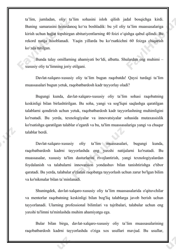 innovatsiyalar sohasida mutaxassislik ko'rsatishga qaratilgan talablar o'zgardi va bu, ta'lim muassasalariga yangi va chuqur talablar berdi. davlat-xalqaro-xususiy oliy ta’lim muassasalari, bugungi kunda, raqobatbardosh kadrni tayyorlashda eng yaxshi natijalarni ko'rsatadi. bu muassasalar, xususiy ta'lim dasturlarini rivojlantirish, yangi texnologiyalardan foydalanish va talabalarni innovatsion yondashuv bilan tanishtirishga e'tibor qaratadi. bu yerda, talabalar o'zlarini raqobatga tayyorlash uchun zarur bo'lgan bilim va ko'nikmalar bilan ta’minlanadi. shuningdek, davlat-xalqaro-xususiy oliy ta’lim muassasalarida o'qituvchilar va mentorlar raqobatning keskinligi bilan bog'liq talablarga javob berish uchun tayyorlanadi. ularning professional bilimlari va tajribalari, talabalar uchun eng yaxshi ta'limni ta'minlashda muhim ahamiyatga ega. bular bilan birga, davlat-xalqaro-xususiy oliy ta’lim muassasalarining raqobatbardosh kadrni tayyorlashda o'ziga xos usullari mavjud. bu usullar, amaliyotga yo'naltirilgan ta'lim, loyihalash va boshqa innovatsion texnologiyalardan foydalanishni o'z ichiga oladi. shu sababli, davlat-xalqaro-xususiy oliy ta’lim muassasalari bugun raqobatda, chunki ular yetuk, raqobatbardosh kadrni tayyorlashda eng yaxshi natijalarni ko'rsatadi. bu muassasalar, yangi va sog'liqni saqlashga qaratilgan talablarni qondirish uchun zarur bilim va …