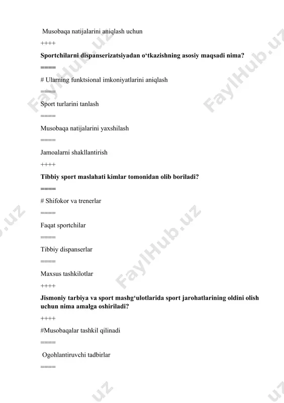 jlanishida kimlar katta hissa qo‘shgan? ==== # v. smolenskiy va m.b. frank ==== i. ilьinskiy, m.b. frank va o.a. rixsieva ==== o.m. jegallo va a.x. turaxodjaev ==== yuqoridagilarning barchasi ++++ o‘zbekiston jismoniy tarbiya institutida qanday kafedra tashkil etilgan? ==== #tibbiy antropometriya kafedrasi ==== sport tibbiyoti va davolovchi jismoniy tarbiya kafedrasi ==== jismoniy tarbiya nazorati kafedrasi ==== ilmiy tadqiqotlar kafedrasi ++++ patogeneziya nimaga asoslangan? ==== #kasallikni davolash usullariga ==== kasallikning rivojlanish mexanizmlariga ==== sog‘liqni tiklash usullariga ==== kasallikning tashqi ko‘rinishiga ++++ irsiyatning o‘zgarishi qanday yuzaga keladi? ==== # tashqi muhit omillari ta'sirida ==== nasl genlarining to‘liq yo‘qolishi ==== faqat patologik holatlarda ==== faoliyatning vaqtinchalik buzilishi ++++ immun tizimining asosiy vazifasi nima? ==== #metabolizmni boshqarish ==== tana ichiga kirgan begona moddalarga qarshi turish ==== nafas olishni yaxshilash ==== yurak faoliyatini boshqarish ++++ stress holatida oshqozonda nima yuzaga keladi? ==== # yallig‘lanish ==== yaralar hosil bo‘ladi ==== qon bosimi pasayadi ==== ovqat hazmi …