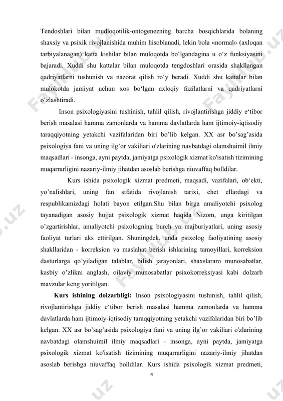 salasi hamma zamonlarda va hamma davlatlarda ham ijtimoiy-iqtisodiy taraqqiyotning yetakchi vazifalaridan biri bo’lib kelgan. xx asr bo’sag’asida psixologiya fani va uning ilg’or vakiliari o'zlarining navbatdagi olamshuimil ilmiy maqsadlari - insonga, ayni paytda, jamiyatga psixologik xizmat ko'isatish tizimining muqarrarligini nazariy-ilmiy jihatdan asoslab berishga niuvaffaq bolldilar. kurs ishida psixologik xizmat predmeti, maqsadi, vazifalari, ob‘ekti, yo’nalishlari, uning fan sifatida rivojlanish tarixi, chet ellardagi va respublikamizdagi holati bayon etilgan.shu bilan birga amaliyotchi psixolog tayanadigan asosiy hujjat psixologik xizmat haqida nizom, unga kiritilgan o’zgartirishlar, amaliyotchi psixologning burch va majburiyatlari, uning asosiy faoliyat turlari aks ettirilgan. shuningdek, unda psixolog faoliyatining asosiy shakllaridan - korreksion va maslahat berish ishlarining tamoyillari, korreksion dasturlarga qo’yiladigan talablar, bilish jarayonlari, shaxslararo munosabatlar, kasbiy o’zlikni anglash, oilaviy munosabatlar psixokorreksiyasi kabi dolzarb mavzular keng yoritilgan. kurs ishining dolzarbligi: inson psixologiyasini tushinish, tahlil qilish, rivojlantirishga jiddiy e‘tibor berish masalasi hamma zamonlarda va hamma davlatlarda ham ijtimoiy-iqtisodiy taraqqiyotning yetakchi vazifalaridan biri bo’lib kelgan. xx asr …