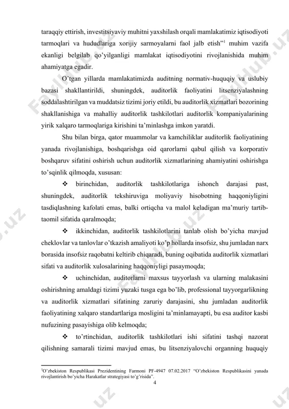 rlik tashkilotlari ishi sifatini tashqi nazorat qilishning ta’sirchan tizimini shakllantirish; · yoshlarni auditorlik kasbiga jalb etish, xususan professional jamoat birlashmalarining tegishli oliy ta’lim muassasalari bilan faol hamkorligini ta’minlash; · auditorlik tashkilotlarining xalqaro auditorlik tarmoqlariga jalb etilganlik darajasini oshirish, shu jumladan auditorlik tashkilotlarini, auditorlarni auditning xalqaro standartlarini qo’llash masalalarida faol uslubiy jihatdan qo’llab-quvvatlashni tashkil etish; · auditorlar respublika jamoat birlashmalarining xalqaro audit standartlarini belgilovchi xalqaro tashkilotlar bilan o’zaro hamkorlik qilish, ushbu standartlarni qo’llash sohasida jahonning ilg’or tajribasini ommalashtirish bo’yicha faoliyatini faollashtirish”[footnoteref:2]. [2: o‘zbekiston respublikasi prezidentining pq – 3946 sonli qarori. 19.09.2018 “o‘zbekiston respublikasida auditorlik faoliyatini yanada rivojlantirish chora-tadbirlari to‘g‘risida”.] mana shunday qaror va farmonlarning chiqarilishi mamlakatimizda auditorlik xizmatlari bozorining rivojlanishi uchun sharoitlarni yanada yaxshilash va auditorlik faoliyatini tartibga solish borasida muhim qadamlar ekanligini ko’rishimiz mumkin. moliyaviy hisobotning xalqaro standartlariga (keyingi o’rinlarda — mhxs) o’tishni jadallashtirish orqali xorijiy investorlarni zarur axborot muhiti bilan ta’minlash va xalqaro moliya bozorlariga kirish imkoniyatlarini kengaytirish, shuningdek, …