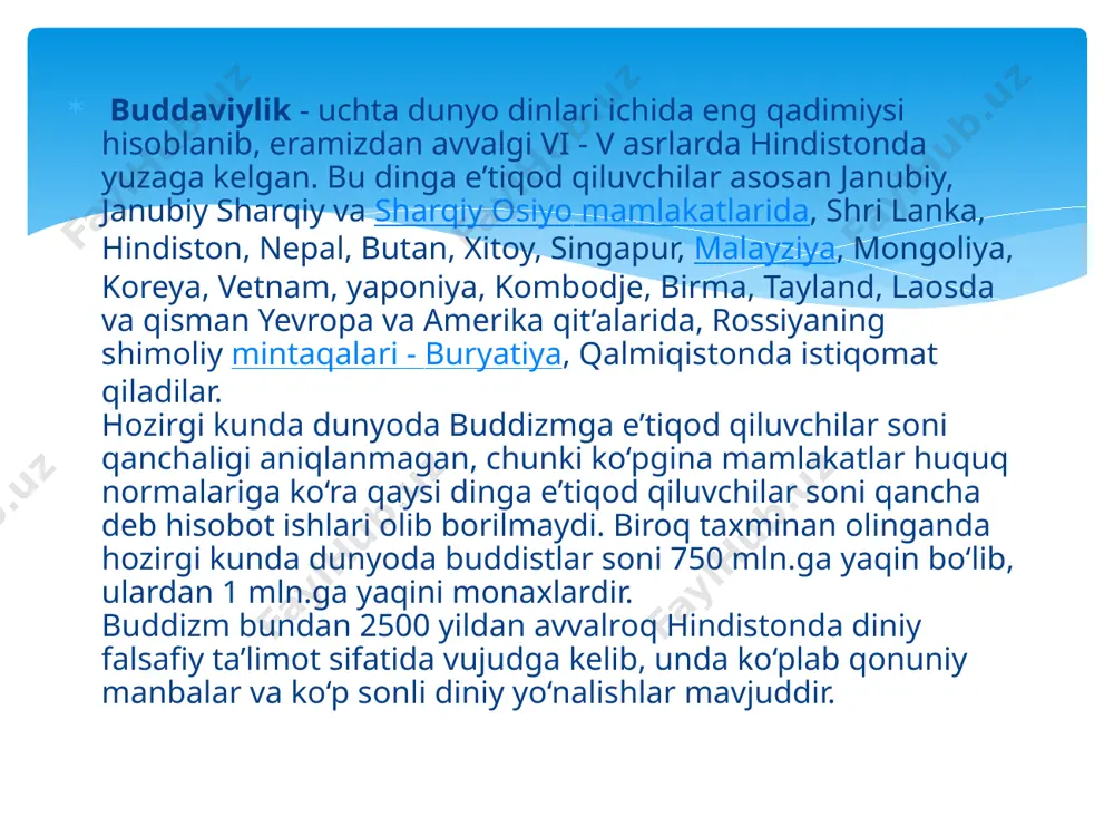 hindistonning turli joylariga yetkazadi va 80 yoshida kushtnagara degan joyda dunyodan o‘tdi. uning jasadi hind udumiga ko‘ra u yerda kuydirilib, uning xoki 8 ta budda jamoalariga bo‘lib yuborildi va har bir jamoa uni dafn etgan joyida ibodatxona barpo etdi. buddaning hayoti haqida turli afsonalar ham to‘qilgan. bu afsonalarda aytilishicha, budda ko‘p yillar davomida yer yuzidagi turli mavjudotlar qiyofasida qayta tug‘ilgan: 84 marta ruhoniy, 58 marta podshoh, 24 marta rohib, 13 marta savdogar, 18 marta maymun, 12 marta tovuq, 8 marta g‘oz, 6 marta fil shuningdek baliq, qurbaqa, kalamush, quyon kabi qiyofalarda qayta tug‘ilgan. jami 550 marta qayta tug‘ilgan. u doimo qaerda, qay qiyofada tug‘ilishini o‘ziga o‘zi belgilagan. so‘nggi marta uni xudolar insoniyatni to‘g‘ri yo‘lga boshlashi uchun inson qiyofasida yaratganlar. bu afsonalarning ba’zilariga ko‘ra yer yuzida gautamaga qadar 6 ta budda o‘tgan. shuning uchun buddizmning ba’zi muqaddas joylarida 7 ta ibodatxona barpo etilgan. 7 ta botxa daraxti o‘tkazilgan. ba’zi afsonalar 24 …
