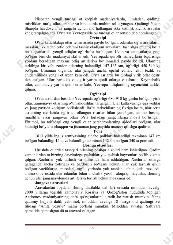 bo‘ladi. g‘ildirakli mashinaga bog‘langan otlar asfalt yo‘lda o‘z vaznidan sakkiz baravar ko‘p yuk ko‘tarishi mumkin. shunday qilib, jabduq otlari ham kattaligi jihatidan farq qiladi va ularni ishlatishda, xuddi ot minishda bo‘lgani kabi, tezlik va salohiyat o‘rtasida almashishni talab qiladi. yengil otlar kichik aravalarga qo‘shilgan edi. og‘irlari esa aravalar va artilleriya qurollari bir nechta jamoalarni tortgan. rasmda napoleon urushlari paytida gussarlar hujumi tasvirlangan yengil tipi yengil sharq otlari, zamonaviy arablarning ajdodlari, berberlar va axalteke otlari tezlik, chidamlilik va harakatchanlikni talab qiladigan janglarda qatnashgan. ularning balandligi 122-152 sm gacha, og‘irligi 360-450 kg edi. chavandozlarning yengil o‘q-dorilari va qurollari: kamon, dart, nayza va keyinchalik miltiq bor edi. bunday otlar dastlab kichik aravalarda, bosqinda va yengil otliqlarda ishlatilgan. nisbatan yengil turdagi ot ko‘plab madaniyatlarda, jumladan, qadimgi misrliklar, mo‘g‘ullar, arablar va hindularda muhim rol o‘ynagan. qadimgi yaqin sharqda haydovchi va jangchi uchun mo‘ljallangan ikki kishilik kichik aravalar keng tarqalgan edi. o‘rta asr yevropasida bu turdagi …
