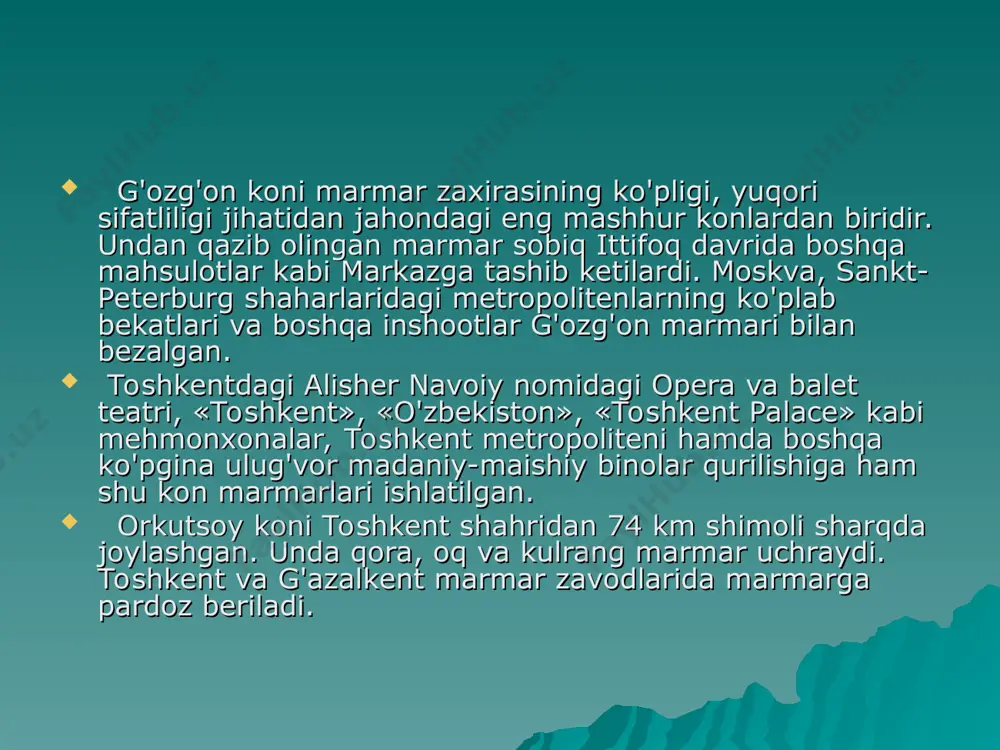 ifer ishlab chiqariladi. tekis va to`lqinsimon shiferlar ohangaron, quvasoy, bekobod sement kombinatlarida tayyorlanadi. toshtaroshlik toshtaroshlik (toshga sayqal berish) ham qurilish materiallari sanoatida alohida ahamiyat kasb etadi. bir tomoni tog`lar bilan tutashib ketgan aksariyat viloyatlarimiz hududlarida toshtaroshlik yaxshi rivojlangan. sanoatning mazkur turi, ayniqsa, navoiy, samarqand, qashqadaryo, toshkent, surxondaryo viloyatlari va qoraqalpog`iston respublikasida rivojlangan. tabiiy toshlar (marmar va granitdan) ishlangan qoplama materiallari va bloklar markaziy osiyo me`morchiligida ko`p ishlatilgan. qoplama toshlar zahiralari, xilma-xilligi va rangli bo`yicha o`zbekiston mdh mamlakatlari orasida yetakchi o`rinda. buni o`zbekiston respublikasi prezindenti i.a.karimovning ushbu so`zlari ham tasdiqlaydi: "respublikada 20 ta marmar, 15 ta granit va gabbro koni borligi aniqlangan. oq rangdan to qora ranggacha xilma-xil bezakbob toshlar olinadigan ko`plab konlar noyob tabiiy omborlar bo`lib, ular butun yevrosiyo zonasidagi eng yirik konlardir. qoplama toshlarning umumiy zahirasi 85 mln. kubometrdan ortib ketadi. ular toshni qayta ishlaydigan korxonalarni yuz yillar davomida xom ashyo bilan ta`minlaydi. devorbop materiallar (g`isht) sanoati sohasi qurilishda …