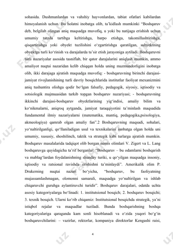 iyasi; - boshqaruvning ikkinchi darajasi-boshqaruv obyektlarining yig‘indisi, amaliy bilim va ko‘nikmalarni, aniqroq aytganda, jamiyat taraqqiyotini ta’minlash maqsadida fundamental ilmiy nazariyalarni (matematika, mantiq, pedagogika,psixologiya, akmeologiya) qamrab olgan amaliy fan”.2 boshqaruvning maqsadi, sohalari, yo‘naltirilganligi, qo‘llaniladigan usul va texnikalarini inobatga olgan holda uni umumiy, xususiy, shoshilinch, taktik va strategik kabi turlarga ajratish mumkin. boshqaruv masalalarida tadqiqot olib borgan nemis olimlari v. zigert va l. lang boshqaruvga quyidagicha ta’rif berganlar: “boshqaruv – bu odamlarni boshqarish va mablag‘lardan foydalanishning shunday turiki, u qo‘yilgan maqsadga insoniy, iqtisodiy va ratsional ravishda erishishni ta’minlaydi”. amerikalik olim p. drukerning nuqtai nazari bo‘yicha, “boshqaruv, bu faoliyatning mujassamlashmagan, olomonni samarali, maqsadga yo‘naltirilgan va ishlab chiqaruvchi guruhga aylantiruvchi turidir”. boshqaruv darajalari, odatda uchta asosiy kategoriyalarga bo‘linadi: 1. institutsional bosqich; 2. boshqaruv bosqichi; 3. texnik bosqich. ularni ko‘rib chiqamiz: institutsional bosqichda strategik, ya’ni istiqbol rejalar va maqsadlar tuziladi. bunda boshqarishning boshqa kategoriyalariga qaraganda kam sonli hisoblanadi va o‘zida yuqori bo‘g‘in boshqaruvchilarini: – vazirlar, …