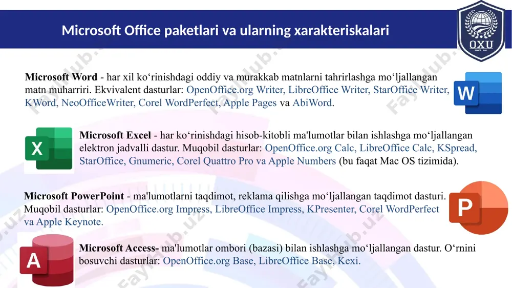 chalik bob dastur nomini powerpoint deb o‘zgartirishga qaror qiladi. microsoft power point dasturi .ppt - powerpoint taqdimoti taqdimotlar quyidagi (prefiks yordamida) ko‘rinishlarda saqlanishi mumkin: .pps - faqatgina powerpoint taqdimoti .pot - powerpoint modeli powerpoint 2007 o‘zining macos uchun versiyasida (2008) office open xml formatini taqdim etdi. shundan so‘ng taqdimotlar .pptx, .ppsx, .potx ko‘rinishiga ega bo‘ldi. prezentastiyalarni tayyorlash natijasida: qatnashuvchilarga tarqatish uchun chop qilingan hujjat; kadoskopda foydalanish uchun kalkalar; slaydoskoplarda foydalanish uchun 35-millimetrli slaydlar; elektron prezentastiyalarni olish mumkin microsoft excel microsoft excel (ba'zan microsoft office excel deb ataladi) –microsoft korporatsiyasi tomonidan microsoft windows. windows nt va mac os. shuningdek android, ios.windows phone uchun yaratilgan elektron jadvallar bilan ishlash uchun dastur. u iqtisodiy-statistik hisob-kitoblar, grafik vositalar imkoniyatlarini taqdim etadi. mac os x platformasidagi excel 2008 ning dasturlash tili vba (visual basic for application). microsoft excel microsoft officening tarkibiy qismi hisoblanadi va bugun excel dunyodagi eng mashxur ilovalar qatoriga kiradi. hisoblash electron jadvalining …