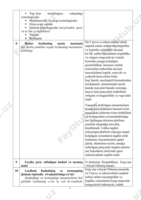 mkoniyatlarni taqdim etadi. 11 loyihaning hudud hokimlik organlari va davlat tashkilotlari tomonidan qo‘llab-quvvatlanishi (hokimlik organlari loyihani o‘rganganligi va xulosasi ko‘rsatilishi kerak (xati ilova qilinishi mumkin) farg‘ona viloyati oltiariq tumani hokimligining 2023-yil 23-noyabrdagi №2220/4-sonli xati. (elektron varianti ilova qilinadi) 12 qo‘llanilayotgan texnologiyalar, ularning yangilik darajasi va intellektual mulkni himoya qilish borasida ko‘rilgan choralar haqida ma’lumot dasturiy ta’minot uchun intellektual mulk agentligi tomonidan “ehm uchun yaratilgan dasturiy ta’minot” mualliflik huquqi guvohnomasi olinadi. 13 loyihaning biznes modeli (loyihani qaysi auditoriyaga yo‘naltirilganligini, loyiha qaysi sxema orqali ishlashini aytib bering, ko‘rsatilgan variantlardan bittasi yoki bir nechtasini tanlang): · «business to business» (b2b) · «business to consumer» (b2c) · «consumer to consumer» (c2c) · «business to business to consumer» (b2b2c) · «business to government» (b2g) · «government to business» (g2b) · «government to citizens» (g2c) · boshqalar • «business to business» (b2b) • «business to consumer» (b2c) • «consumer to consumer» (c2c) • «business to business …