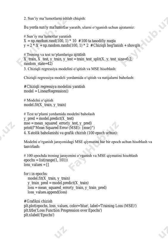 ni kuzatdik va grafik tasvirlarni yaratdik. har bir modelni o‘rgatish jarayonida, asosan mean squared error (mse) xatolik funksiyasining qanday o‘zgarishini baholadik.