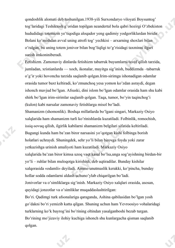 ri orasida, asosan, quyidagi jonzotlar va oʼsimliklar muqaddaslashtirilgan: boʼri. qadimgi turk afsonalariga qaraganda, ashina qabilasidan boʼlgan yosh goʼdakni boʼri yemizib katta qilgan. shuning uchun ham yevroosiyo vohalaridagi turklarning koʼk bayrogʼini boʼrining oltindan yasalganboshi bezab turgan. boʼrining moʼjizaviy ilohiy kuchiga ishonch shu kunlargacha qisman saqlanib qolgan. ot. otni ulugʼlash turkiy xalqlar orasida qadimdan mavjud boʼlgan. buni janubiy qirgʼiziston togʼlaridagi (aravon, ayirmoch-togʼ) qoyalarga bitilgan otlar tasvirida koʼrishimiz mumkin. tasvirlar tagida hayvonlarni qurbonlikka keltirib, sham yoqish uchun tokchalar yasalgan. otning muqaddasligi haqidagi tushuncha nafaqat dashtlarda yashovchi qabila va yelatlarda, balki dehqonchilik bilan shugʼullanuvchi oʼtroq aholi orasidaham keng tarqalgan. qushlar. rivoyatlarga koʼra, oʼzlarini oʼgʼizxon avlodlari deb hisoblagan turkiy oʼgʼizlar bobolar timsolini yomonliklardan asrovchi qushlarda koʼrishgan. qirgʼiy, burgut, lochin, qarchigʼay kabi qushlar qabila aʼzolariga baraka va baxt olib keluvchi muqaddas jonzotlar hisoblanib, ularni otish qatʼiyan man yetilgan.oʼzbek, qozoq, qirgʼiz, turkman xalqlari qadimda ukki, boyoʼgʼli, burgut va lochin patlarining muqaddas kuchiga ishonganlar. bugunga qadar ham kichik …