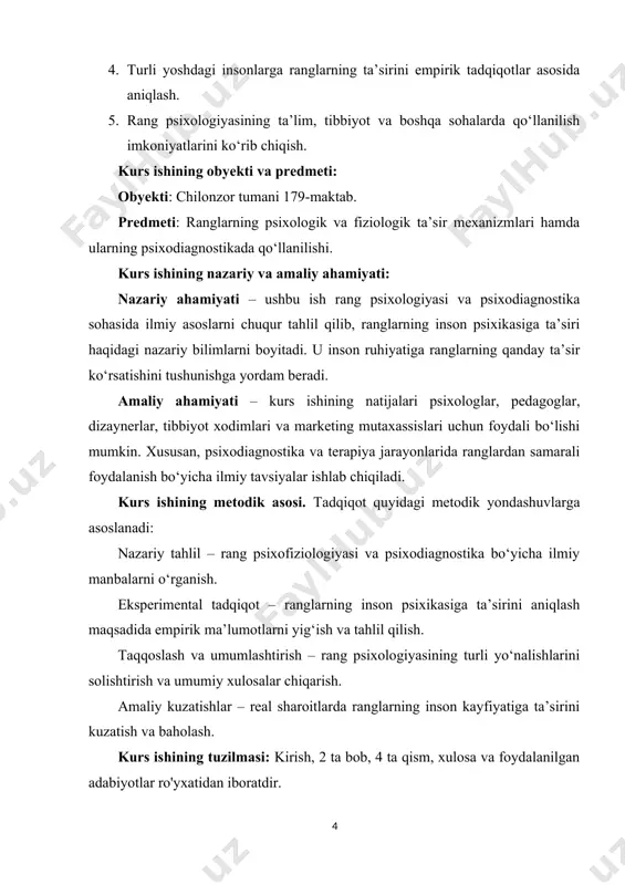 b o‘tkazilmoqda. ularda asosan ranglarning inson kayfiyatiga, xulq-atvoriga, kognitiv imkoniyatlariga va psixik jarayonlariga ta’sir qilish mexanizmlari ochib berishga urinishlarni ko‘rishimiz mumkin. shu o‘rinda, ranglarga doir o‘ziga xos qirralarning mavjudligini ham inkor etmaslik lozim. ranglar psixologiyasi marketing va brending sohalarida ham keng qo‘llaniladi. маrketologlar rangni mahsulotlarni xarid qilish jarayonida muhim ta’sir kuchiga ega ekanligini uqtiradilar. logotiplar esa mijozni jalb qilishda katta ahamiyatga ega ekanligi, bunda muayyan kompaniyaga tegishli mahsulotning individualligi bilan o‘ziga jalb qilish xususiyatiga ega ekanligi e’tirof etiladi. chunki logotip aniq ranglar ifodasiga ega bo‘ladi. masalan: pushti rang victoria’s secret brendini ifodalaydi. ranglar do‘konlar, supermarketlar, shoxobchalarning peshtaxtalarini bezashda muhim hisoblanadi. tadqiqotlarning ko‘rsatishicha, qizil rangli peshtaxta spontan xaridorlarni jalb qilsa, to‘q ko‘k rang inson tabiatiga ijobiy ta’sir ko‘rsatadi. qizil va sariq ranglarning qorishmasi ochlik hissini qo‘zg‘otishi sababli restoranlarni bezashda aynan shu rangga urg‘u beradilar. mcdonald’s, burger king hamda in-n-out burger kabi taomlanish shohobchalarining muvaffaqiyatli o‘sishi shu asosda yuzaga kelganligini tan olish …