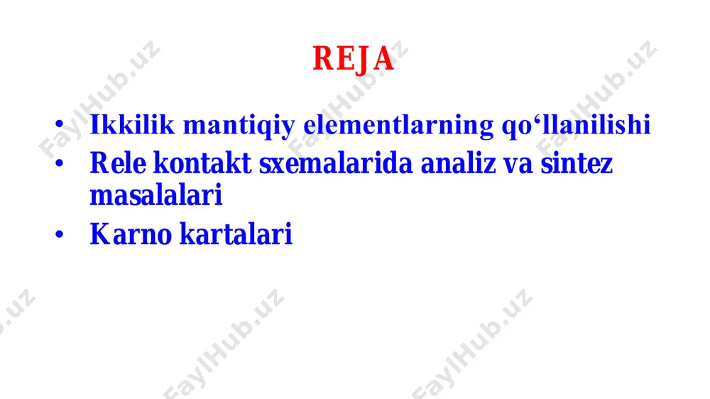 asosan sxema tuzish mumkin va teskari tasdiq o‘rinli ixtiyoriy sxemaga mos ¬, & va v amallardan foydalanib mantiqiy elementlardan iborat formula tuzish mumkin. agar biror bir murakkab sxema berilgan bo‘lsa unga mos formulani yoxib, mantiq qonunlariga asosan soddalashtirib, soddalashgan formulaga mos sxema qaytatdan tuzilsa hosil bo‘lgan soddalashgan sxema boshlang‘ich sxemaning vazifasini bajaradi. masalan: yвba =)&а)v(b&v(a)&( , ushbu formulaga mos sxema chapda, mantiq qonunlari bo‘yicha soddalashtirilib, keyin chizilgan sxema esa o‘ngda. ikkala sxema ham bir xil vazifani bajaradi, chunki ikkala sxemaga mos formulalarning rostlik jadvallari bir xil. rele kontakt sxemalarida analiz. talabalar 3 kishi ovoz berganda ko’pchilik ovoz bilan qaror qabul qiladigan sxema tuzishmoqchi. biror bir qarorga ko’pchilik „ha“ deb ovoz berib o’zlariga tegishli tugmachalarni bosganda signal chirog’i yonishi lozim. ushbu sxema qanday ko’rinishda bo‘ladi? usbu masalada ovoz beruvchilar a, b, c fikr o’zgaruvchilari deb olsak bo’ladi, ular 2 xil qiymat qabul qilishi mumkin: ha deb ovoz berishsa – 1, yo’q …