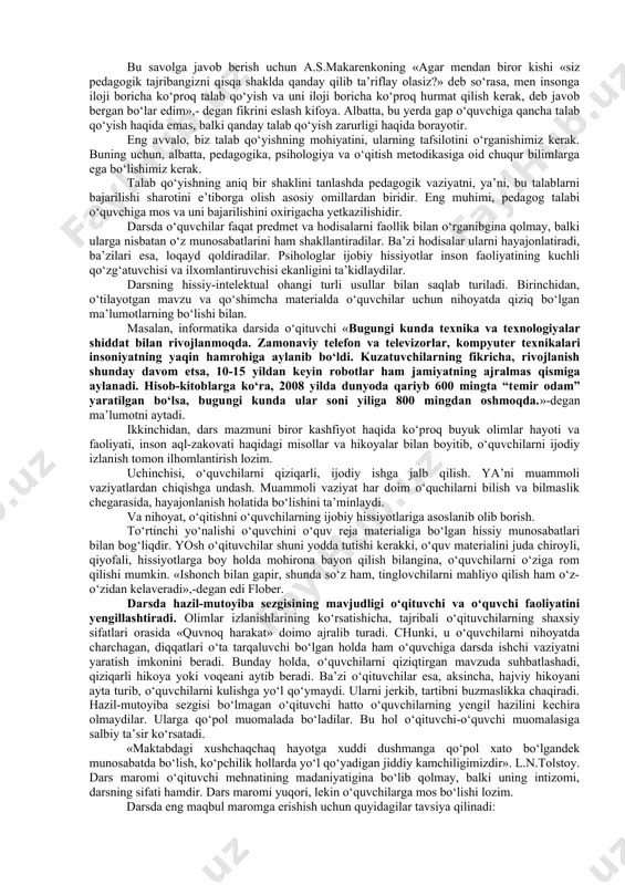 matika fanida hamma mavzular ham munozarabop emas. darsning noan’anaviy shakllaridan biri ko‘rik-tanlov darsidir. bunda sinf o‘quvchilari 3-4 tadan guruhlarga bo‘linib, mavzuni mustaqil o‘zlashtirib, darsni o‘zlari bayon qiladilar. darsning bu turi musobaqa shaklida o‘tkazilganligi uchun har bir o‘quvchi unga sidqidildan, astoydil tayyorgarlik ko‘rishga intiladi. baholashda ham, guruhdagi barcha bolalar ishtirok etadilar. bunday darsning mazmuni, metodik ta’minoti, materialni tushuntirishni o‘ziga xosligiga alohida e’tibor beriladi. o‘quvchilarni guruhlarga bo‘linib ishlashlari esa, ularni jamoada hamkorlik bilan ishlashga, o‘zaro yordam berishga o‘rgatadi. bunyodkor va ilg‘or o‘qituvchilarning tajribasiz o‘qituvchilardan tubdan farq qiluvchi tomonlari quyidagilardan iborat: tajribasi kam bo‘lgan o‘qituvchilar darsda o‘quvchilarga asosan bilimlarni tayyor holda beradilar. bunday o‘qituvchilar darsda ko‘proq o‘quv materialini o‘qituvchi tushuntirishdan yoki darslikdan o‘quvchilarni yod olishiga harakat qiladilar. albatta, bunday o‘qitish muammoni izlab topish va muammoli vaziyatlar yaratishdan oson. ba’zi o‘qituvchilar esa rivojlantiruvchi ta’lim mohiyatini to‘la-to‘kis tushunib yeta olmadyilar. ular yetarli darajada didaktik va umupedagogik ma’lumotlarga ega emaslar. natijada, muammoli o‘qitishni joriy etishda muvaffaqiyatsizlikka …