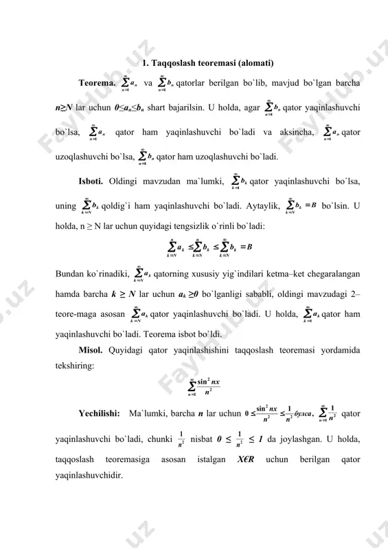 or bo`lganligi sababli u uzoqlashuvchidir. 2-misol. qatorni dalamber alomati yordamida tekshiring. yechilishi: berilganlarga ko`ra , bundan u holda, . demak, berilgan qator yaqinlashuvchi ekan. 3–misol. qatorni tekshiring yechilishi: shartga asosan . u holda, . dalamber alomatiga asosan berilgan qator yaqinlashuvchi bo`ladi. 3. koshi alomati qatorning yaqinlashuvchi bo`lishi uchun har qanday son uchun shunday n nomer mavjud bo`lib, barcha n>n lar va p≥1 da tengsizlikning bajarilishi zarur va yetarlidir. qatorning bunday shartiga koshi alomati yoki koshi kriteriyasi deyiladi. bunda p=1 da qatorning yaqinlashuvchi bo`lishi uchun shartning bajarilishi zaruriydir. bu esa ni anglatadi. demak, qatorning yaqinlashuvchi bo`lishi uchun uning nomeri cheksiz oshishi bilan qatorning umumiy hadi nolga intilishi zarur. ammo bu shart qatorning yaqinlashuvchi bo`lishi uchun yetarli bo`la olmaydi. bo`nga quyidagi garmonik qator misol bo`la oladi: bunda n→∞ da bo`ladi, lekin garmonik qator koshi alomatini qanoatlantirmaydi. shuning uchun u yaqinlashuvchi bo`la olmaydi, chunki bundan ko`rinadaki, o da qatorni tekshiramiz. deb olib, berilgan …