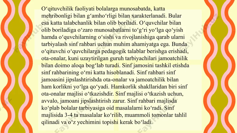 chuqur bilim, keng fikrlilik, ishga jon dildan koʻngil qoʻyish, bolalarga boʻlg an cheksiz muhabbat, muomala nazokatligi, oqil va adolatlilik namunasi, sipolik va vazminlik kabi fazilatlarning boʻlishi taqozo qilinadi. sinf tarbiyaviy soatlari maktab sharoitida tarbiyaviy ishlarni tashkil etishning asosiy shakllaridandir. sinf tarbiyaviy soatlari quyidagi: ma’rifiy, baholovchi, yoʻnaltiruvchi singari uch asosiy tarkibiy qismlardan iborat boʻladi. ma’rifiy tarkibiy qismda: oʻquv dasturlaridan tashqari, oʻquvchilarning etik, estetik, ruhiy tushunchalarni, fantexnika, xalq xoʻjaligi, dunyo voqealarini boyitib, kengaytirib borishdan iborat ishlar amalga oshiriladi. baholovchi tarkibiy qismda: oʻquvchilarda atrof-muhitga muayyan munosabatda boʻlish, undagi moddiy va ma’naviy boyliklarimizning bahosi, ahamiyati va qadr-qimmati, mehnat kishilari va vatanimiz himoyachilarining shon-shuhrati, ona vatanimizning, ulugʻ xalqimizning shuhrati haqidagi tegishli tushunchalarni hosil qilish va mustahkam qaror toptirishdan iborat sifatlar roʻyobga chiqariladi. yoʻnaltiruvchi tarkibiy qismda: oʻquvchilarning mavjud hayot haqidagi bilim va tushunchalari toʻgʻri, maqsadga muvofiq yoʻnaltirilib, teranlashtirilib, ularning hayotiy tajribasi, axloqi, boʻlgʻusi turmush yoʻlini toʻgʻri tanlashdek hayotiy faoliyatlari, unda tutgan mavqelari faollashtirilib, boshqarilib boriladi. oʻqituvchi-tarbiyachi …