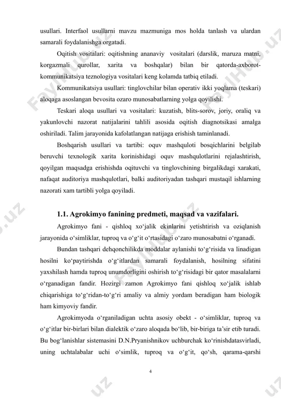 isida va linadigan hosilni ko‘paytirishda o‘g‘itlardan samarali foydalanish, hosilning sifatini yaxshilash hamda tuproq unumdorligini oshirish to‘g‘risidagi bir qator masalalarni o‘rganadigan fandir. hozirgi zamon agrokimyo fani qishloq xo‘jalik ishlab chiqarishiga to‘g‘ridan-to‘g‘ri amaliy va almiy yordam beradigan ham biologik ham kimyoviy fandir. agrokimyoda o‘rganiladigan uchta asosiy obekt - o‘simliklar, tuproq va o‘g‘itlar bir-birlari bilan dialektik o‘zaro aloqada bo‘lib, bir-biriga ta’sir etib turadi. bu bog‘lanishlar sistemasini d.n.pryanishnikov uchburchak ko‘rinishdatasvirladi, uning uchtalabalar uchi o‘simlik, tuproq va o‘g‘it, qo‘sh, qarama-qarshi yo‘nalishdagi strelkalar esa bu obektlarning bir-birlari bilan o‘zar ta’sirini ifodalaydi, chunki uchburchak markazida esa agrokimyo turadi. o‘simliklar oziqlanish jarayonida tuproq va o‘g‘it bilan tuproq - o‘simlik va o‘g‘it bilan, o‘g‘it-tuproq va o‘simlik bilan o‘zaro ta’sirlashadi. bunday o‘zaro ta’sirning sharoitlari va xarakteri olinadigan hosilning miqdorini va sifatini belgilaydi. «o‘simlik, tuproq va o‘g‘it orasidagi o‘zaro munosabatlarni o‘rganish, - deb yozgan edi d.n.pryanishnikov, - hamma vaqt agrokimyogarlarning asosiy vazifasi bo‘lib kelgan». d.n.pryanishnikov faqat agrokimyogina tuproqning unumdorligini va qishloq …